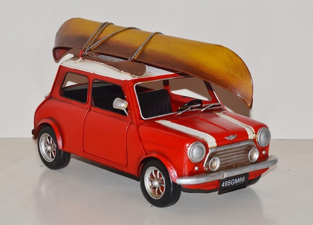 JS GartenDeko Modellauto Modellauto Mini Cooper rot mit Dachgepäckträger Oldtimer L 35 cm