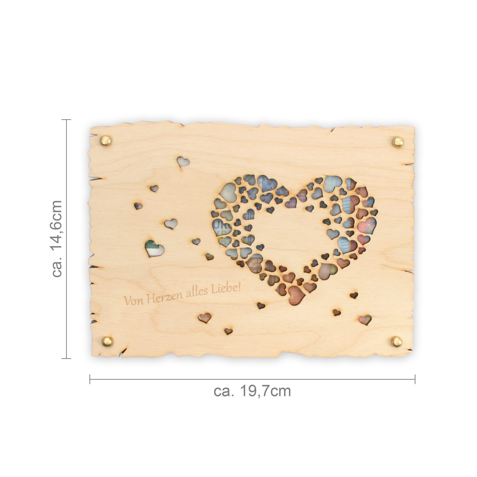 Kreative Feder Glückwunschkarte „Von Herzen alles Liebe“ - Glückwunsch-Karte aus Holz für alle Anlässe, Geschenk-Karte für Geldgeschenke; Größe ca.: 14,6 x 19,7cm