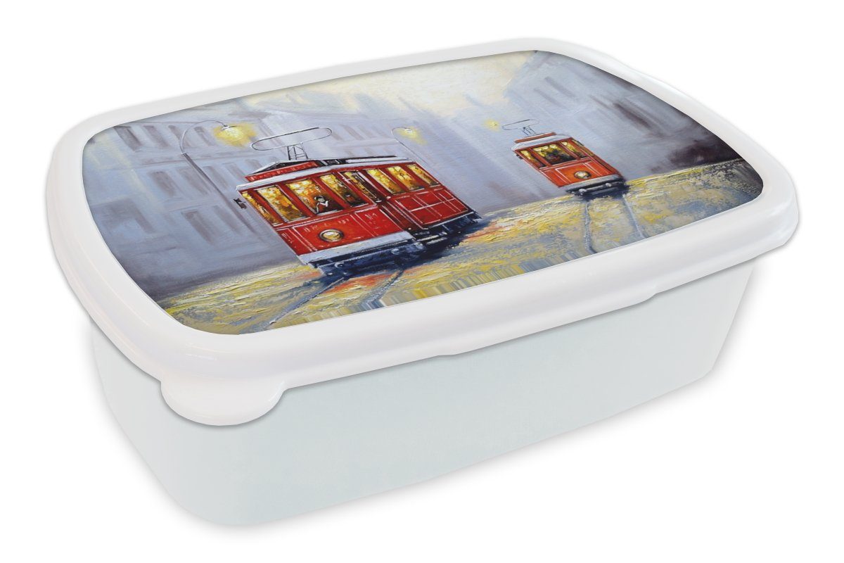 MuchoWow Lunchbox Gemälde - Straßenbahn - Stadt - Öl, Kunststoff, (2-tlg), Brotbox für Kinder und Erwachsene, Brotdose, für Jungs und Mädchen weiß