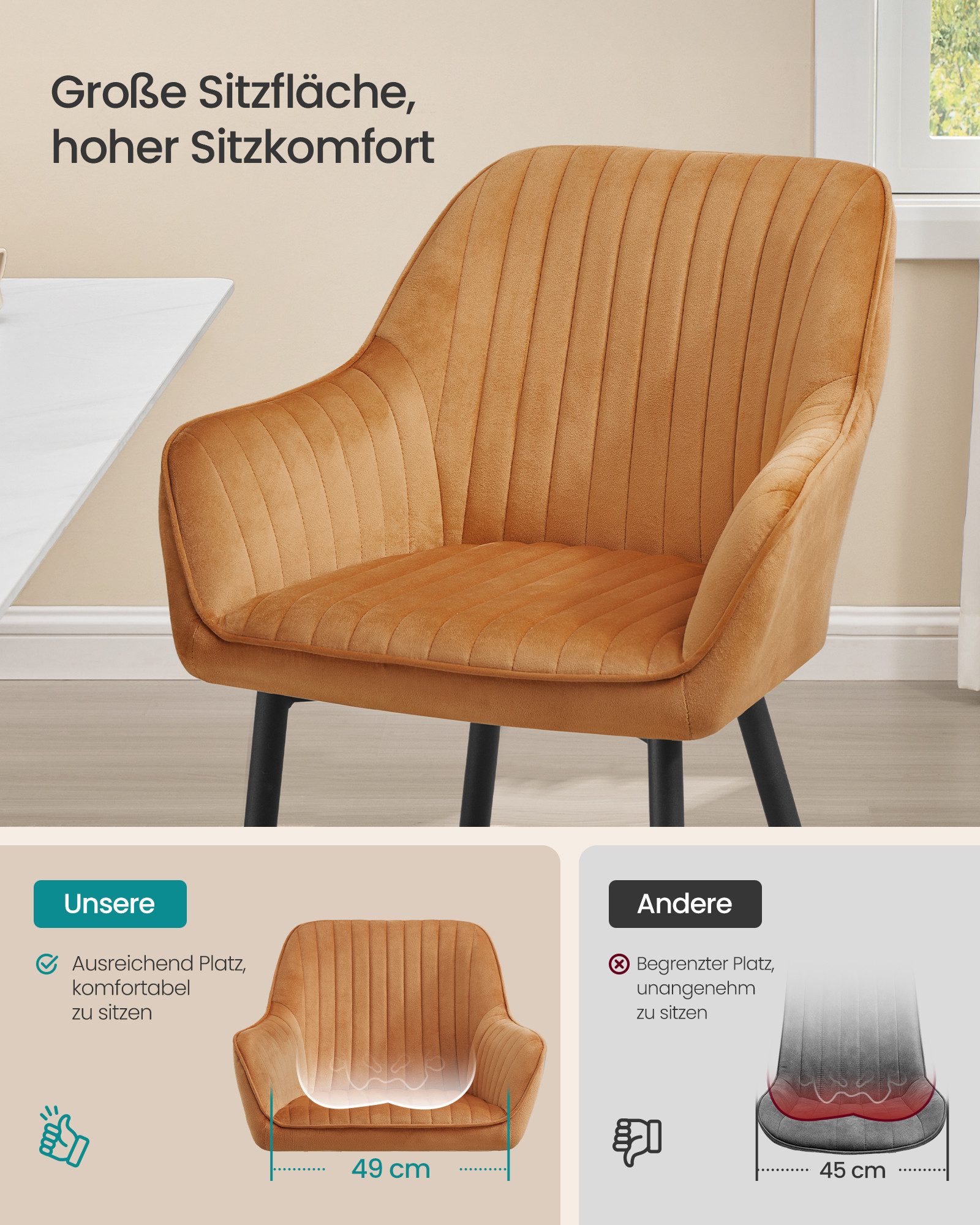 SONGMICS Esszimmerstuhl Küchenstuhl aus Samt, Polsterstuhl mit Armlehnen, Loungesessel (6 St), 6er Set, Metallbeine, bis 120 kg belastbar – Bild 3 von 5