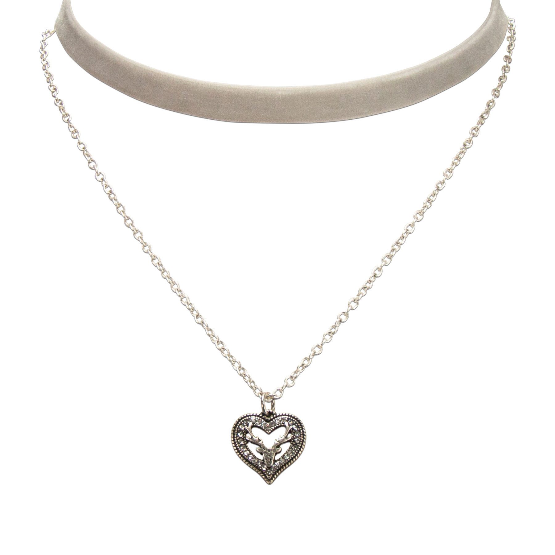 Alpenflüstern Choker Trachten-Samt-Kropfband Strassherz-Hirsch-Kette (grau), - nostalgische Trachtenkette enganliegend, Kropfkette elastisch, Damen – Bild 3 von 4