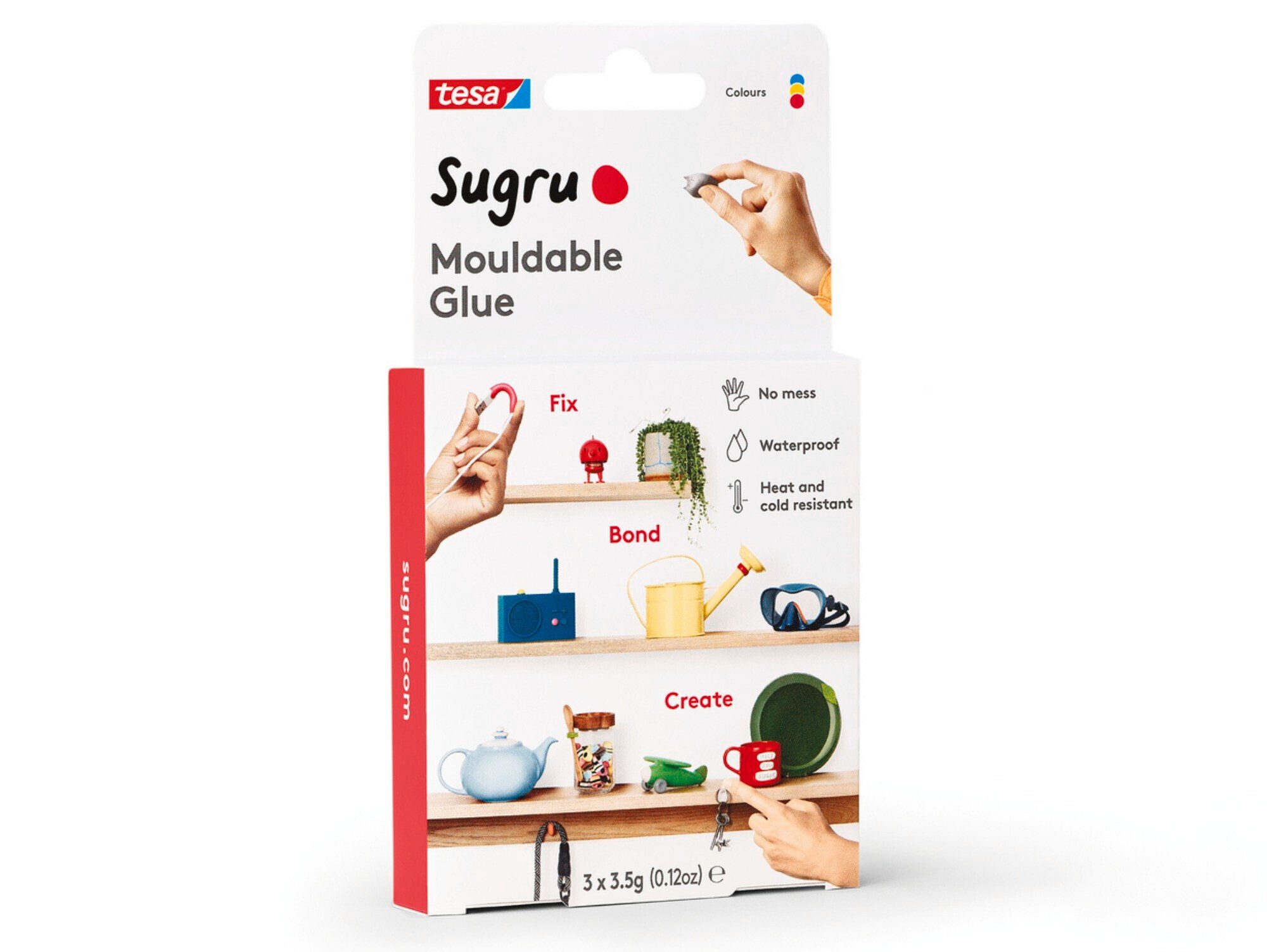 tesa Klebeband SUGRU formbarer Alleskleber - zum Reparieren, Basteln & für DIY-Ideen (Spar-Set, 3-St., je 3,5 g) Allzweckkleber - rot / blau / gelb