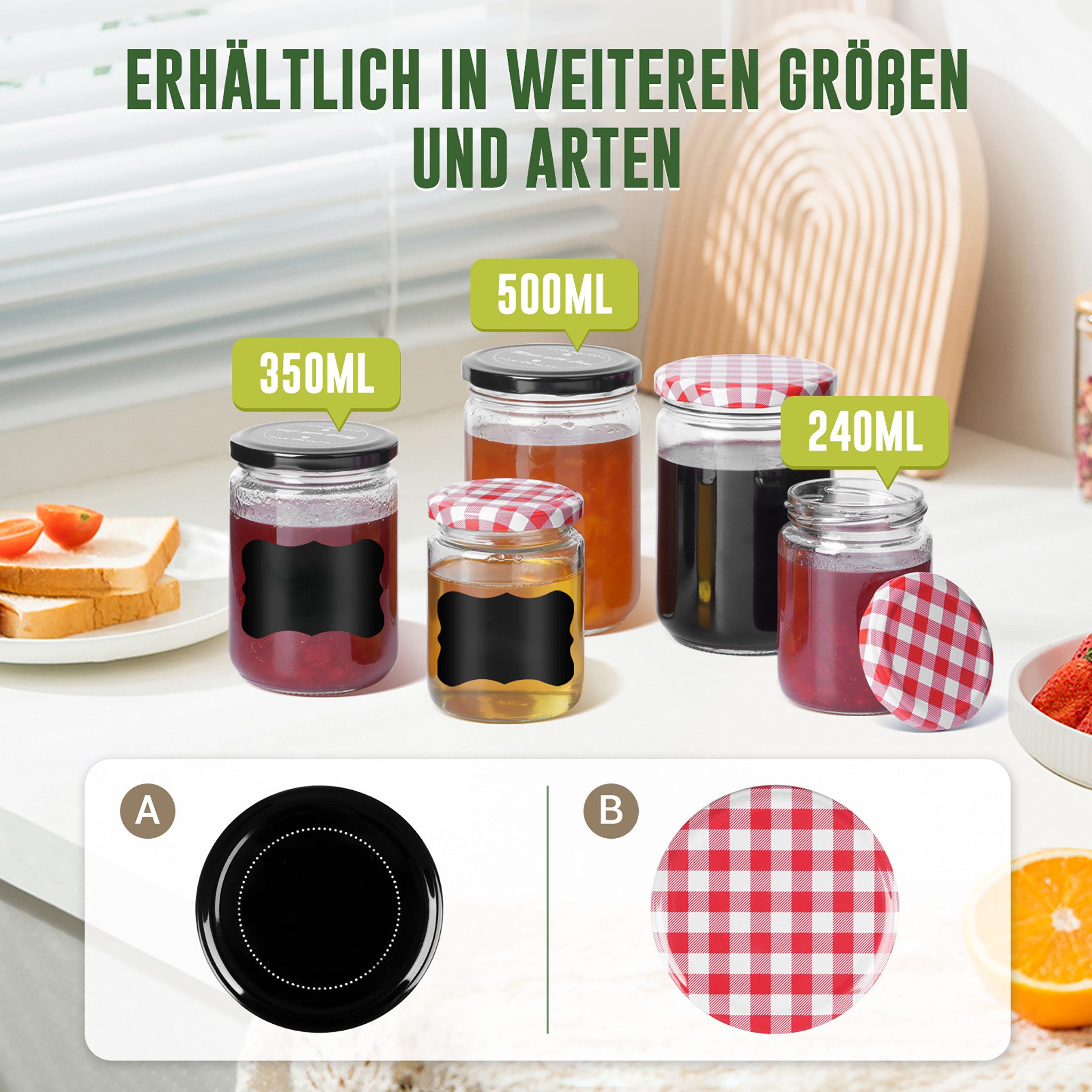 FIVMEN Einmachglas Einweckgläser mit Schraubdeckel Set 12/24 Stück, 240ml/350ml, Gläser für selbstgemachte Konfitüre, Marmelade und Bastelprojekte