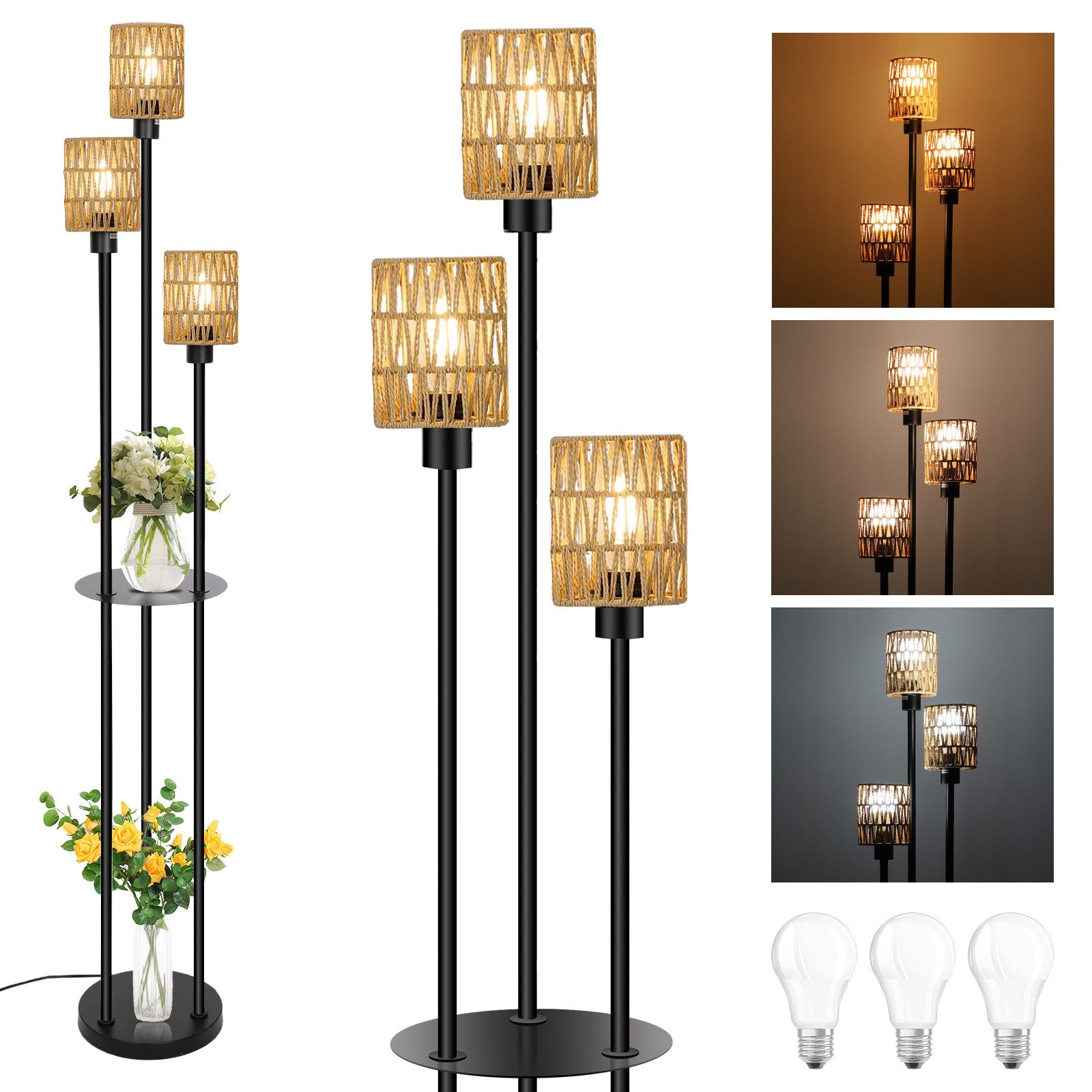 Stehlampe Rattan Stehlampe mit Metall Regal, mit 3 Glühbirnen, 3 Farbtemperatur