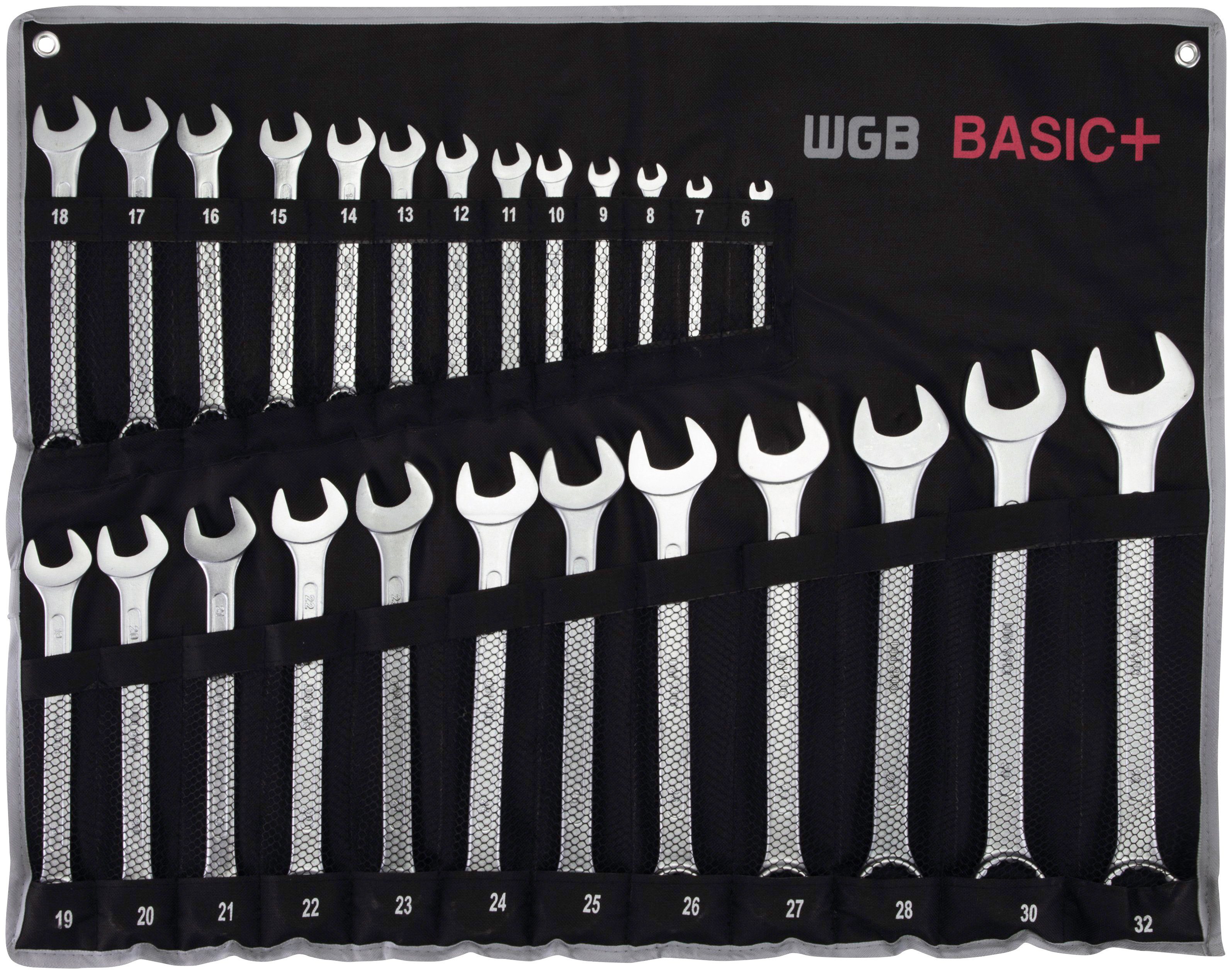 WGB BASIC PLUS Maulschlüssel 9230 RT- Ringmaulschlüssel (Set, 25 St), Ring abgewinkelt, Chrom-Vanadium-Stahl, mit Rolltasche