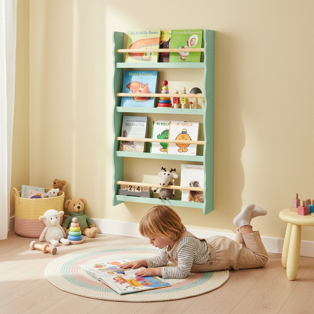 Bellabino Kinderregal Tista Bücherwandregal aus Holz, grün, Spielzeugaufbewahrung, Bücherregal Kinder, Regal mit 4 Fächern für Bücher & Spielzeug