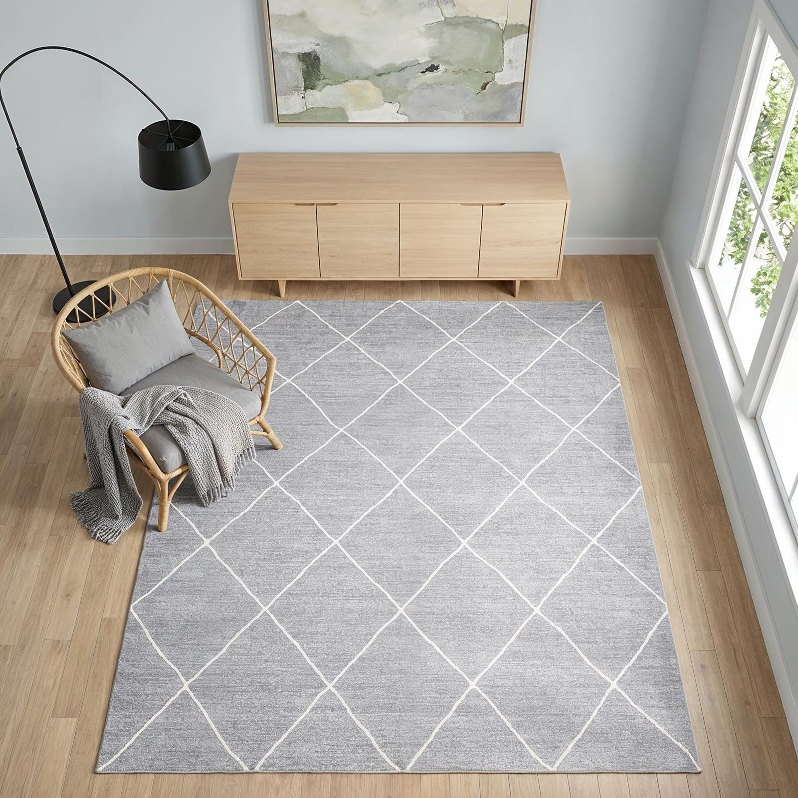 IDIMEX Teppich RHOMB, Wohnzimmerteppich 160x230cm waschbar mit Linien-Design Rauten grau