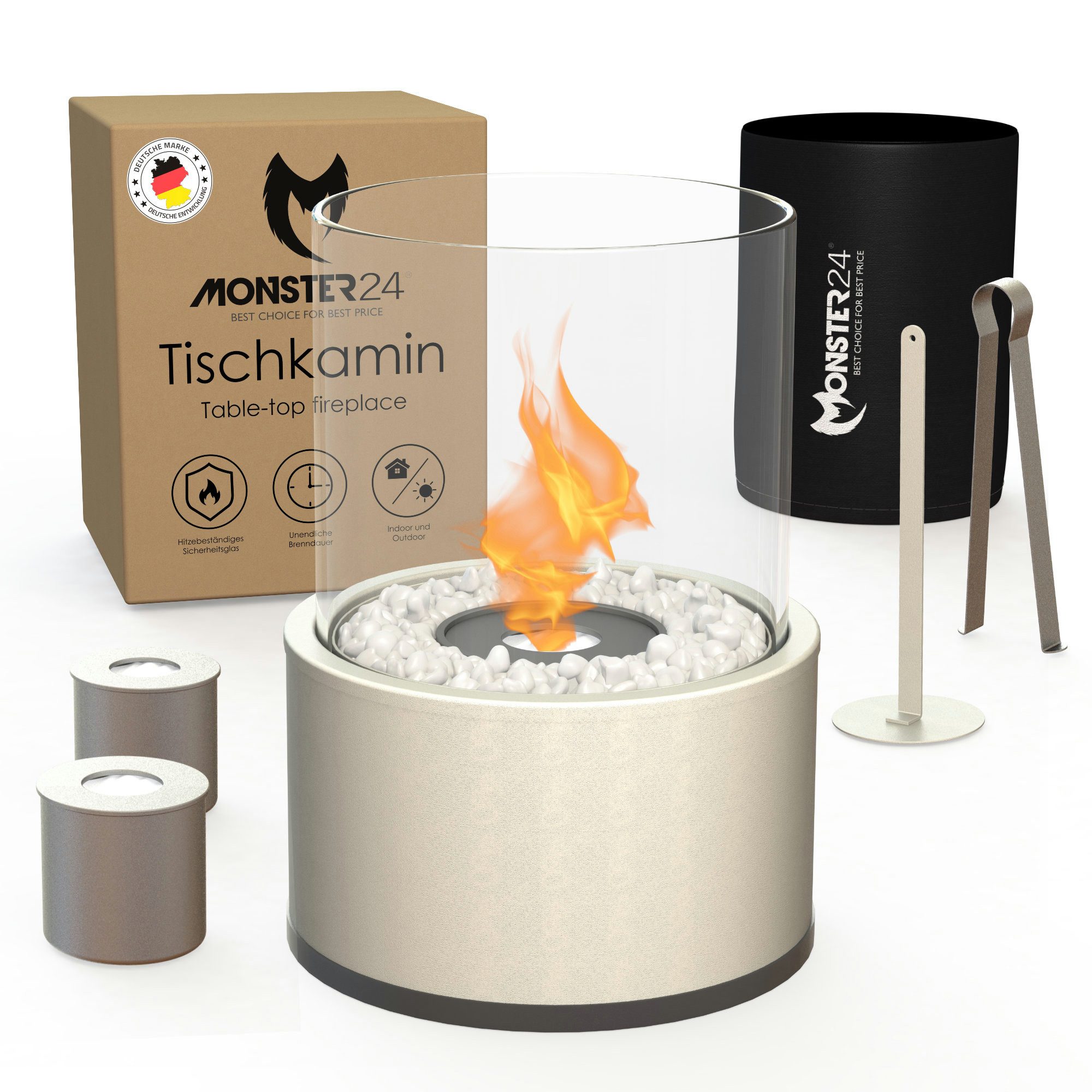 Monster24 Tischfeuer Bio-Ethanol Tischkamin für Indoor & Outdoor, Echtfeuer-Dekokamin (Höhe 36 cm / Durchmesser 26 cm)