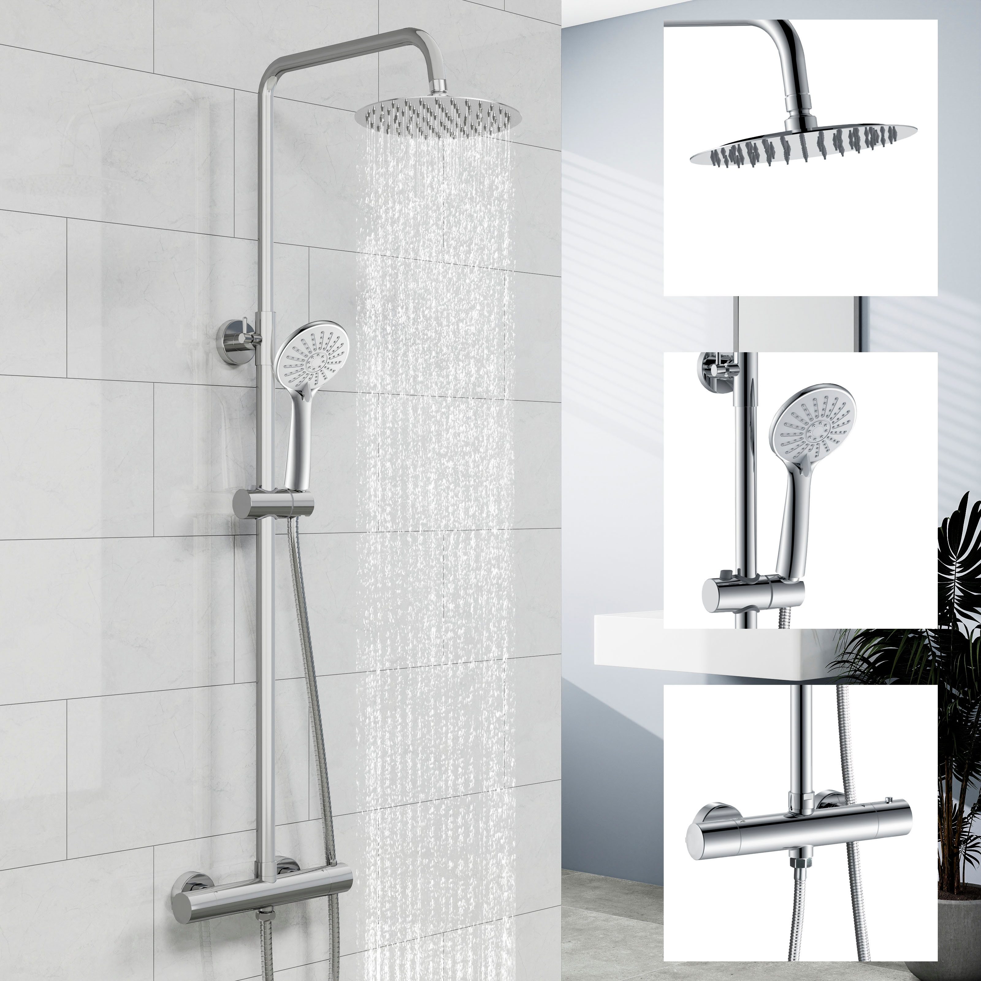duschspa Duschsystem Regendusche mit Thermostat Edelstahl 8 Zoll Regenduschkopf, 2 Strahlart(en), 3 Strahlarten Handbrause
