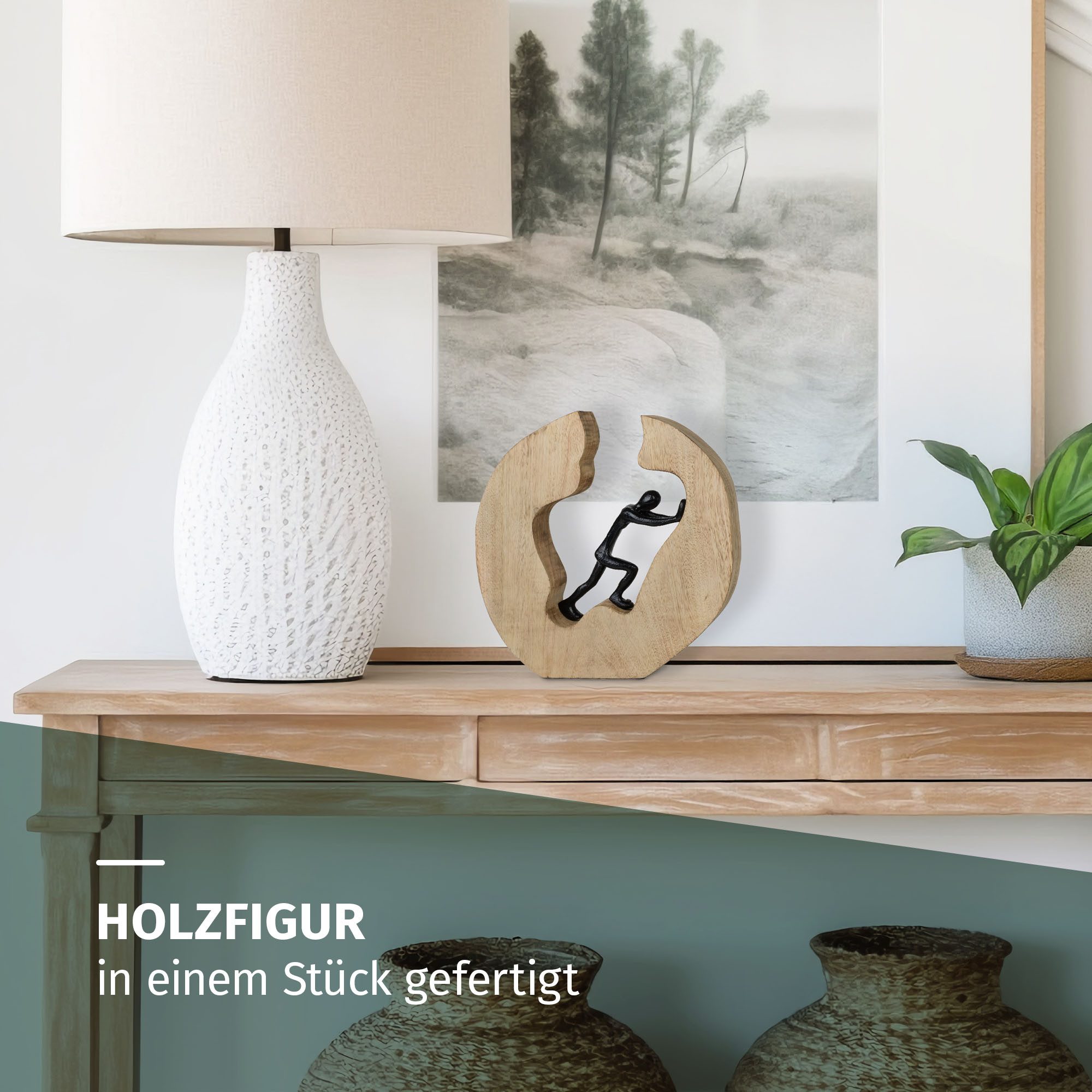 Moritz Skulptur Dekofigur Push & Work Schwarz 28 cm aus Mangoholz und Aluminium Modern