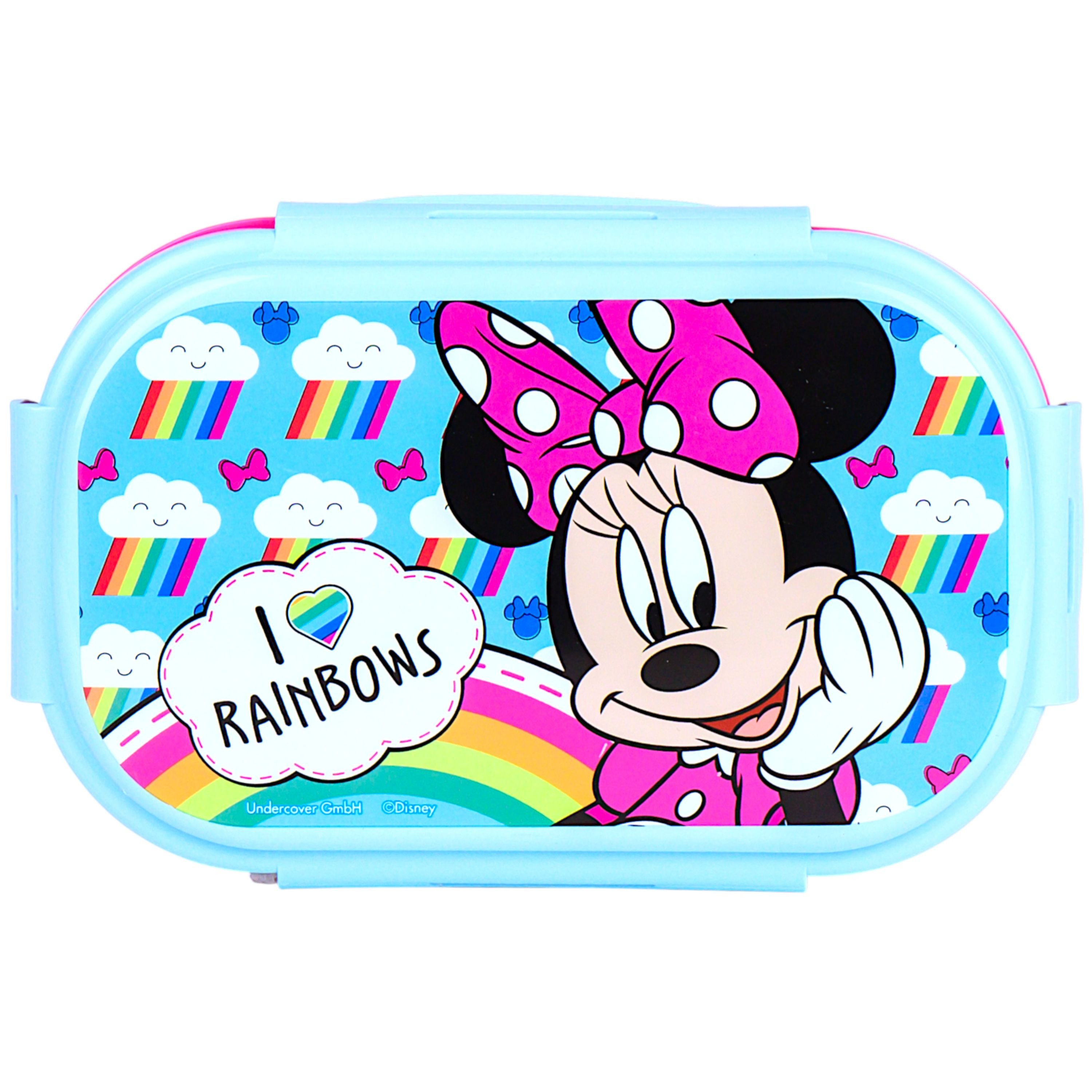 Disney Minnie Mouse Lunchbox MINNIE MAUS - I LOVE RAINBOWS, PP, (2-tlg), Kinder Brotdose mit 2-Fach-Unterteilung & Göffel-Messer BPA frei