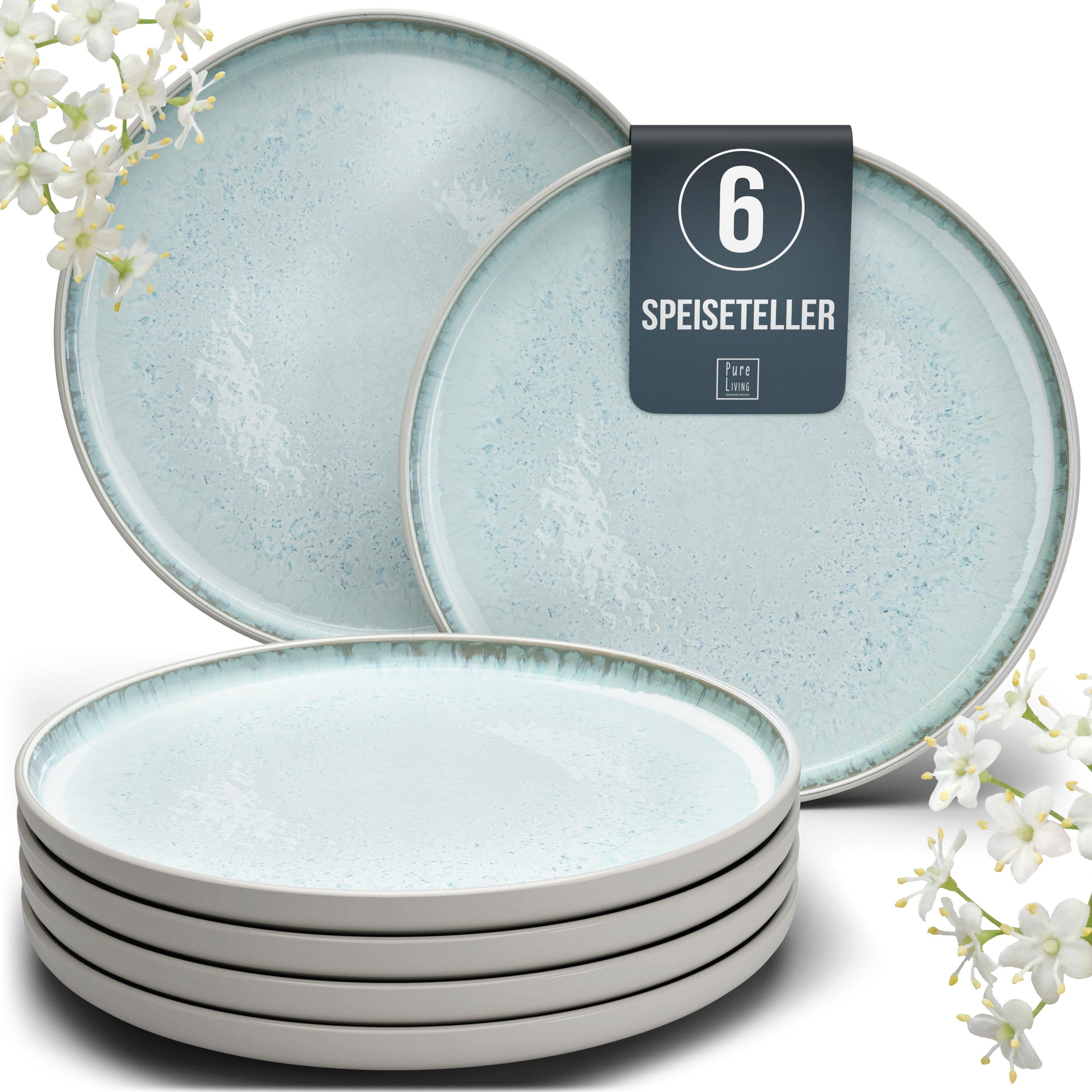 PURE LIVING INTERIOR DESIGN Geschirr-Set Ibiza Speisseteller, Dinnerteller, 6er-Set, 26 cm, Beige Blau (6-tlg), 6 Personen, Steingut