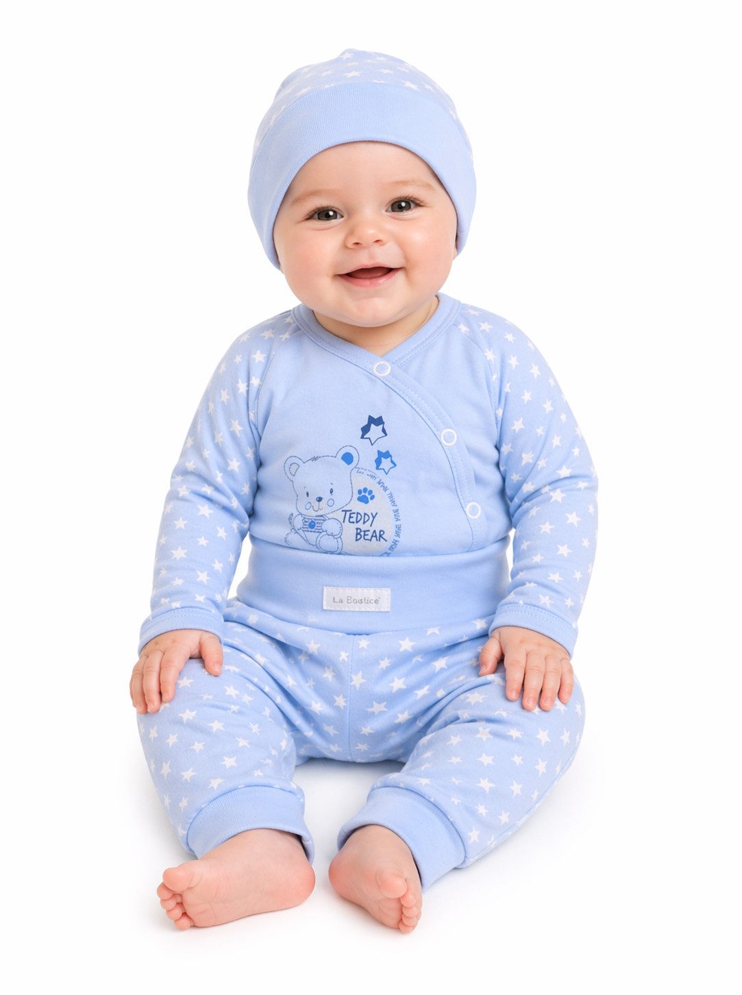 Body & Hose Baby Anzug Wickelbody Schlupfhose Mütze Set mit Sternchen in Blau