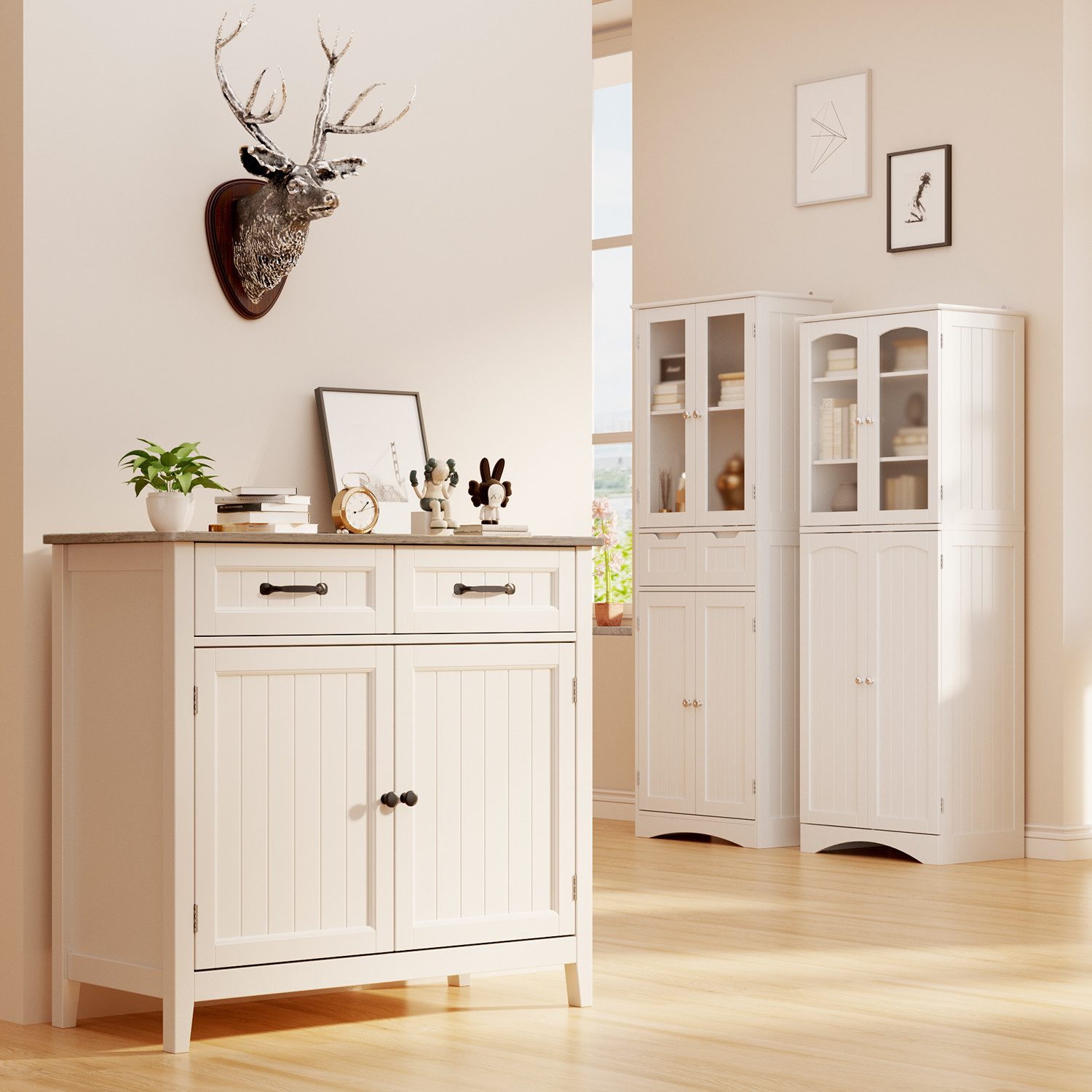 Bealife Sideboard Küchenschrank mit Arbeitsplatten,mit 2 Schubladen 2 Türen,Weiß