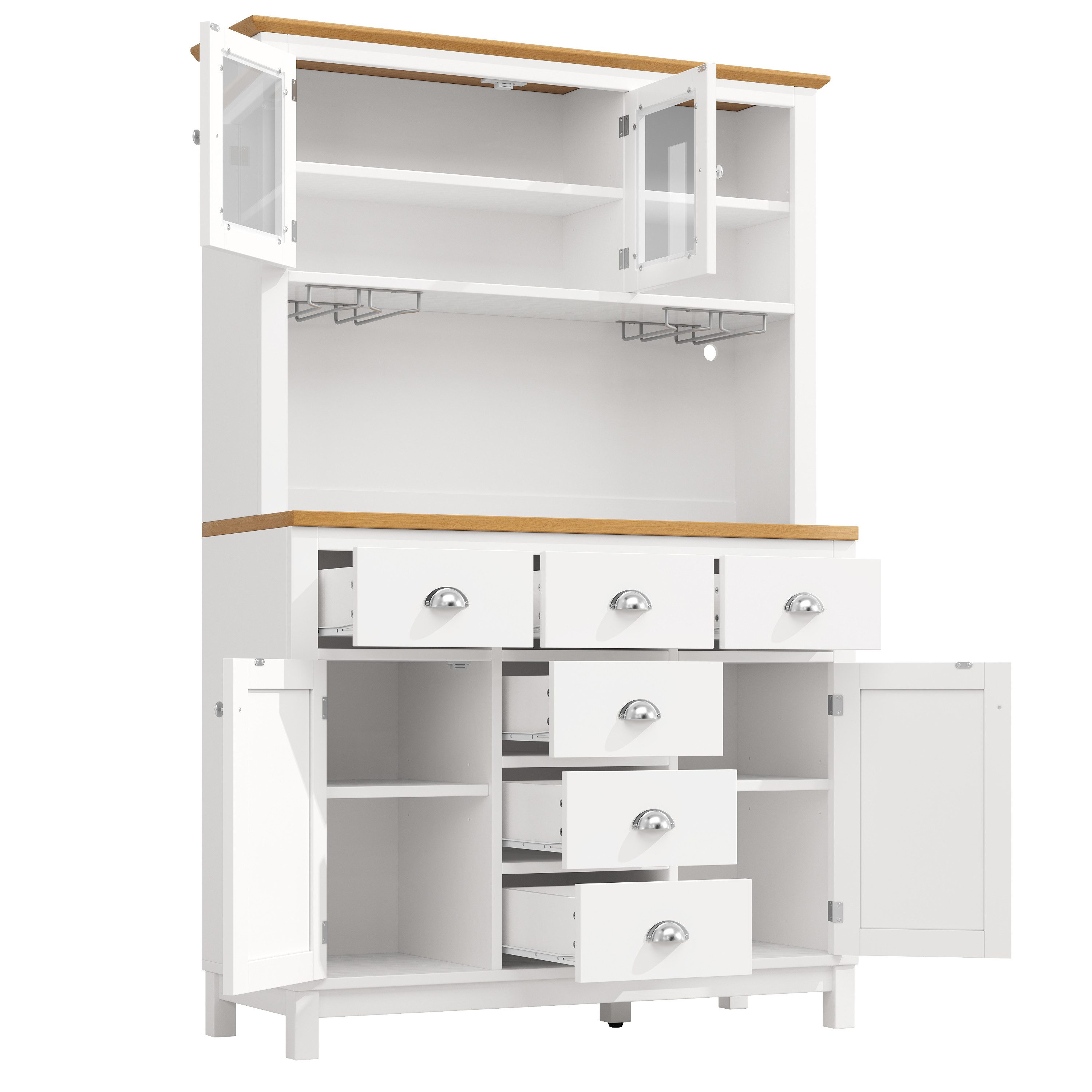 Odikalo Küchenbuffet Küchenschrank Buffetschrank mit LED-Lichtleiste & Getränkehaltern (Seitenboard / Aufbewahrungsschrank / Küchenschrank / Buffetschrank, 104x40x180cm, Landhausstil, 4 Türen, Grün/Weiß)