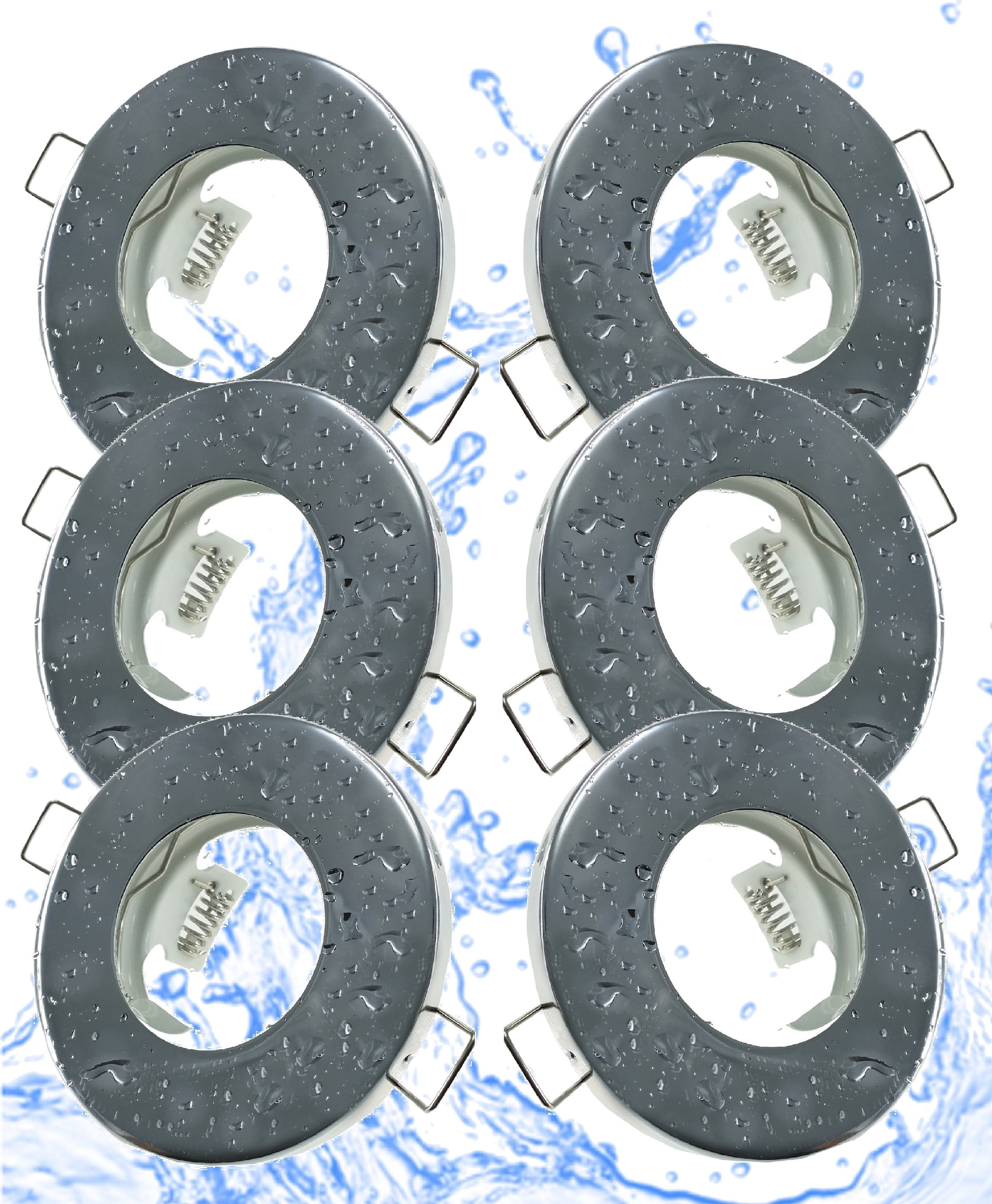 TRANGO Einbauleuchte, 6er Set 6729IP65-068-AK Einbaustrahler IP65 in Chrom Rund Badleuchte Bad Einbauleuchte, Deckenspots, Einbauspots, Deckenleuchte incl. 6x GU10 Keramik Fassung, besten geeignet für Bad, Sauna, Außen, Feuchtraum