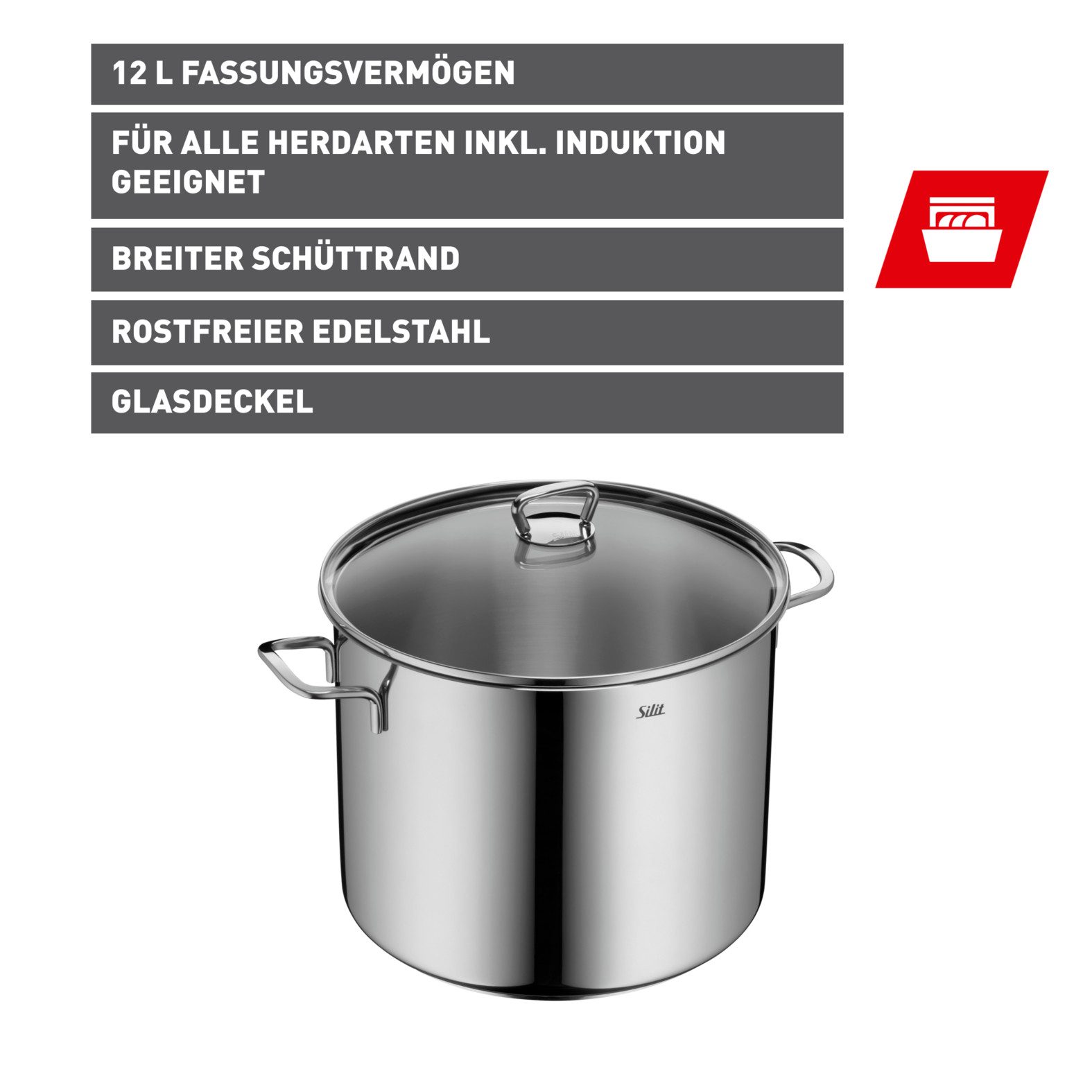 Silit Gemüsetopf Suppentopf Induktion mit Glasdeckel, Cromargan® Edelstahl Rostfrei 18/10 (Set, 2-tlg), für alle Herdarten geeignet, Kochtopf mit extra hohem Rand 12l