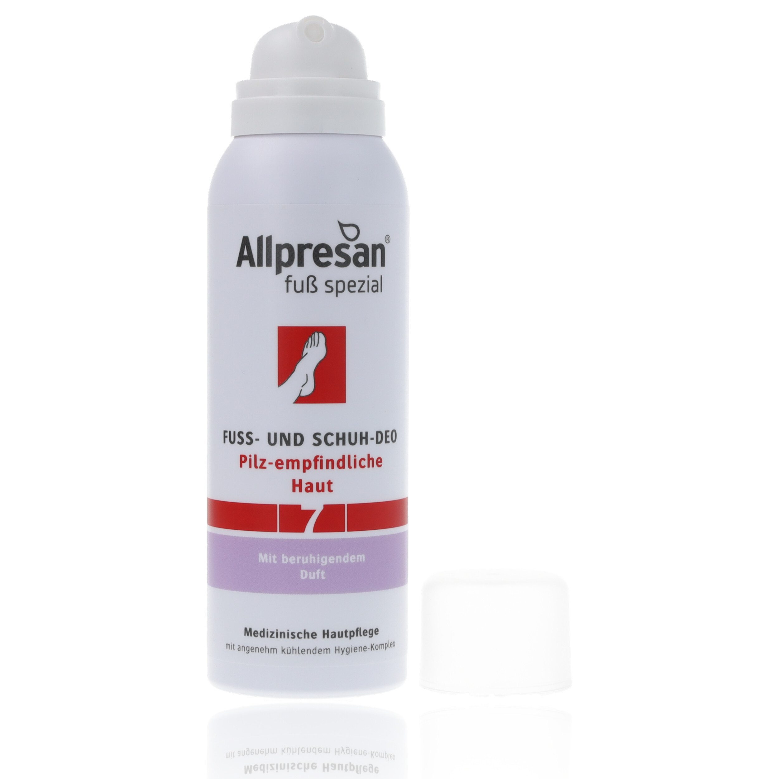 Allpresan Fußspray Allpresan Fuß spezial Nr. 7 Fuß & Schuh-Deo pilzempfindl. Haut 125ml Reduziert Risiko für das Eindringen von Pilzsporen und Bakterien, 1-tlg., Antibakterielle Anti-Transpirant mit kühlendem Frische-Komplex