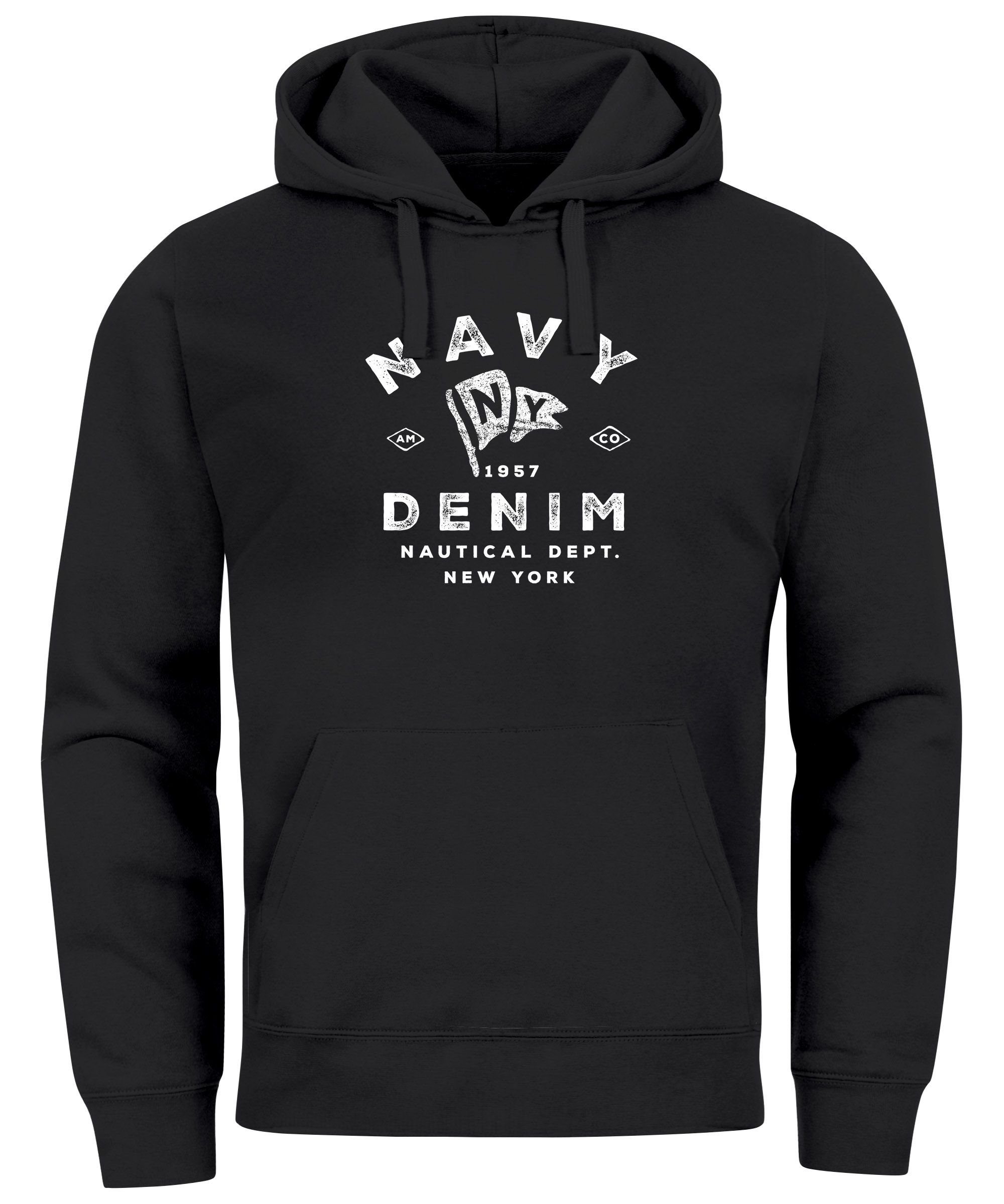 Neverless Hoodie Hoodie Herren vintage Motiv Schriftzug Navy Denim Nautical günstig online kaufen