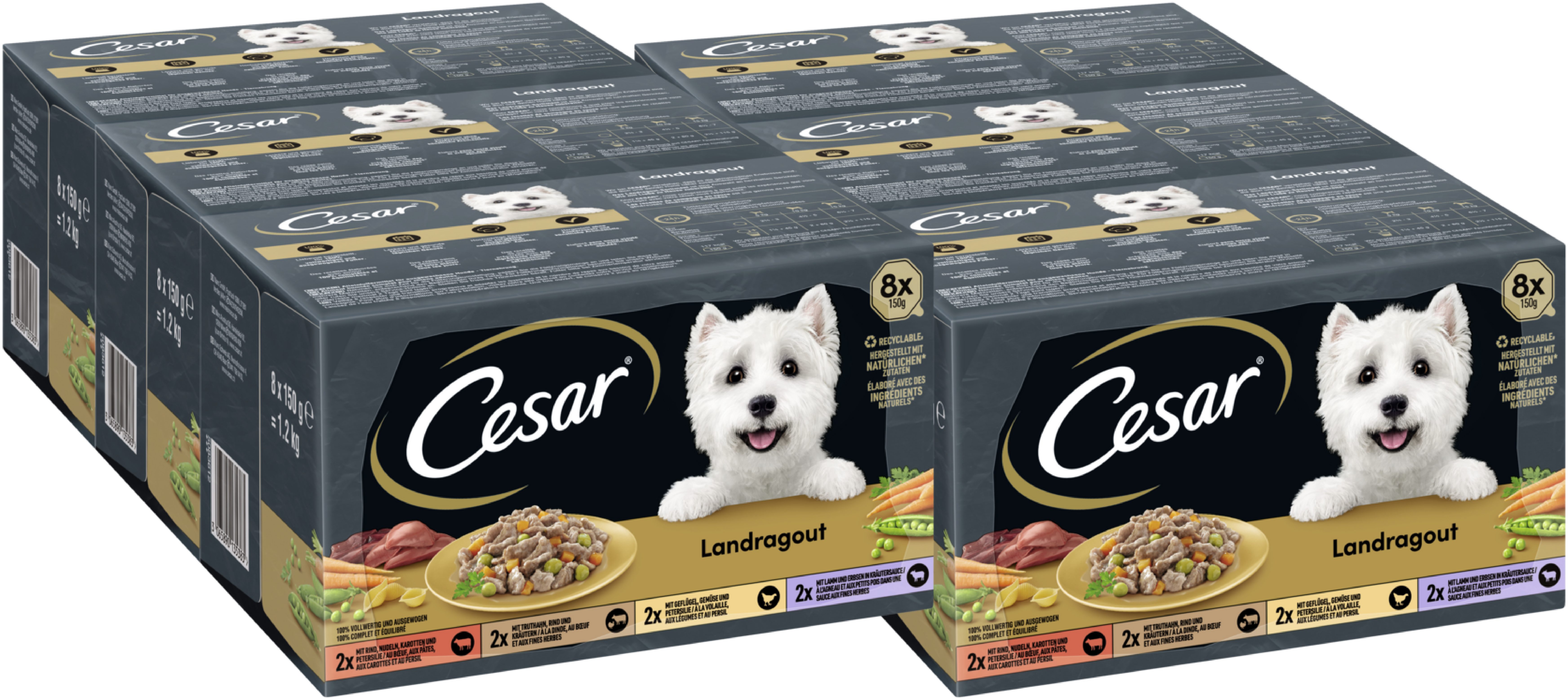 Cesar CESAR® Schale Multipack Landragout 4 Varietäten 6 x 8 x 150g, Nassfutter für: Hunde