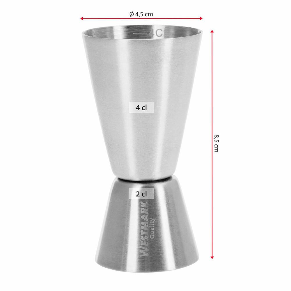 WESTMARK Barmaß Jigger für Cocktails, je 2 Maßeinheiten: 2/4 cl und 2/3 cl, Edelstahl, praktisches Hilfsmittel, zwei Funktionsseiten, spülmaschinengeeignet