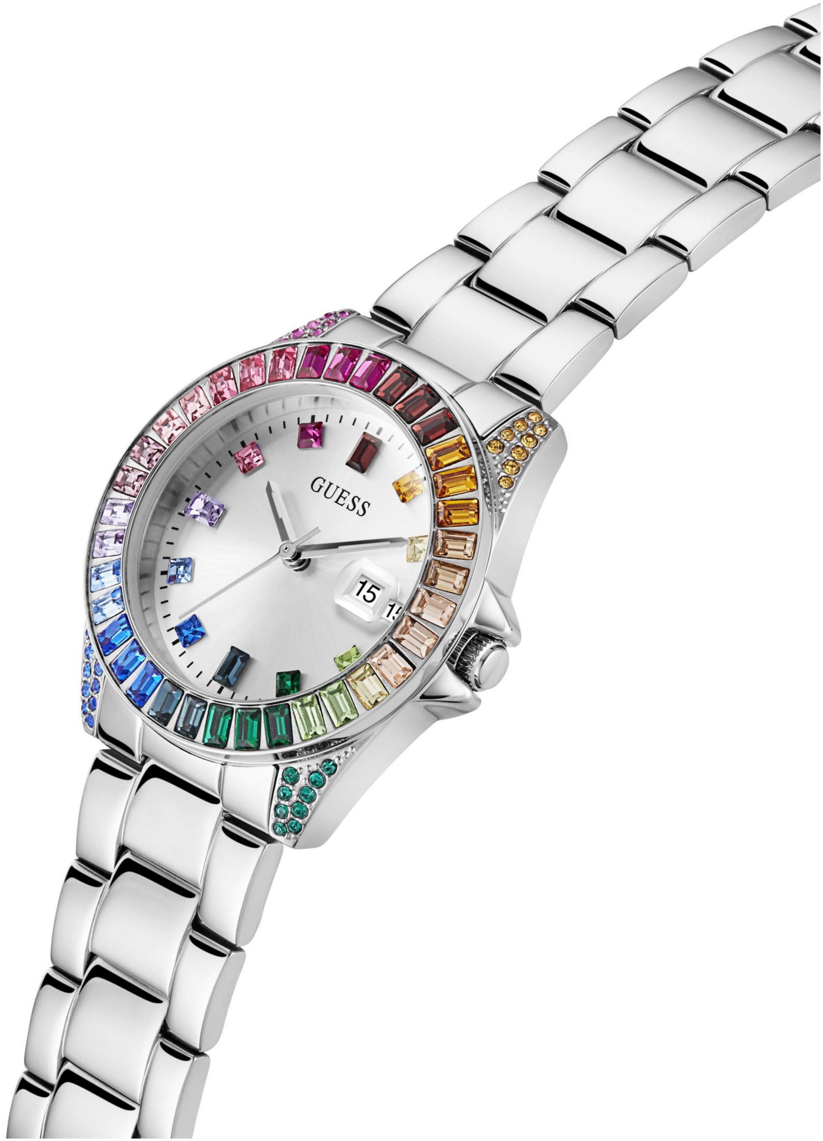 Guess Quarzuhr OPALINE GW0475L4, Armbanduhr, Damenuhr, Datum, Kristallsteine, Mineralglas, analog