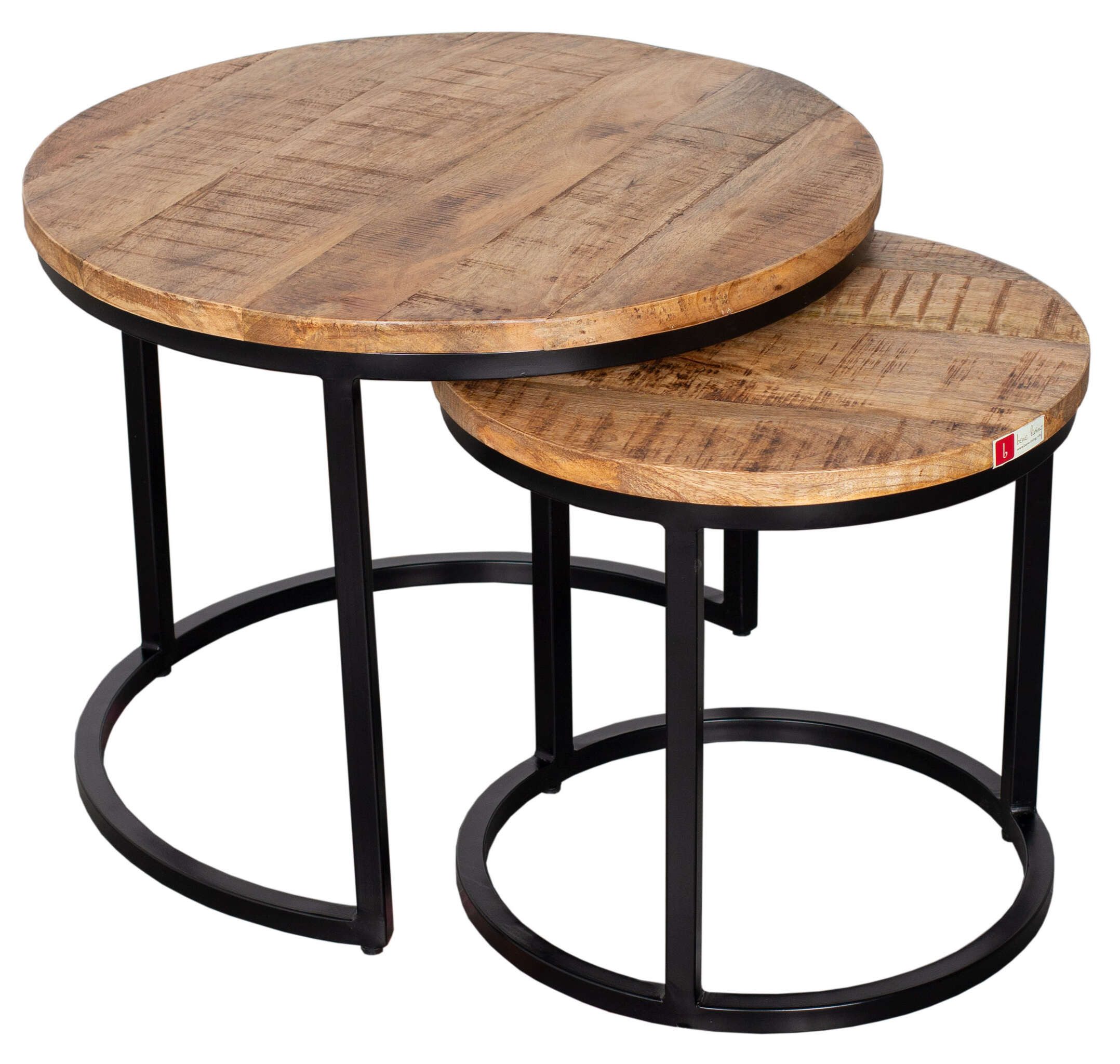 MR.DEKO Beistelltisch Set Fermo 2-tlg. rund Mangoholz natur/schwarz Ø 58/42cm (2-teiliges Couchtisch-Set runder Form für Wohnzimmer, 2-St), Beistelltisch-Set aus massivem Mangoholz mit echter Struktur & Metall