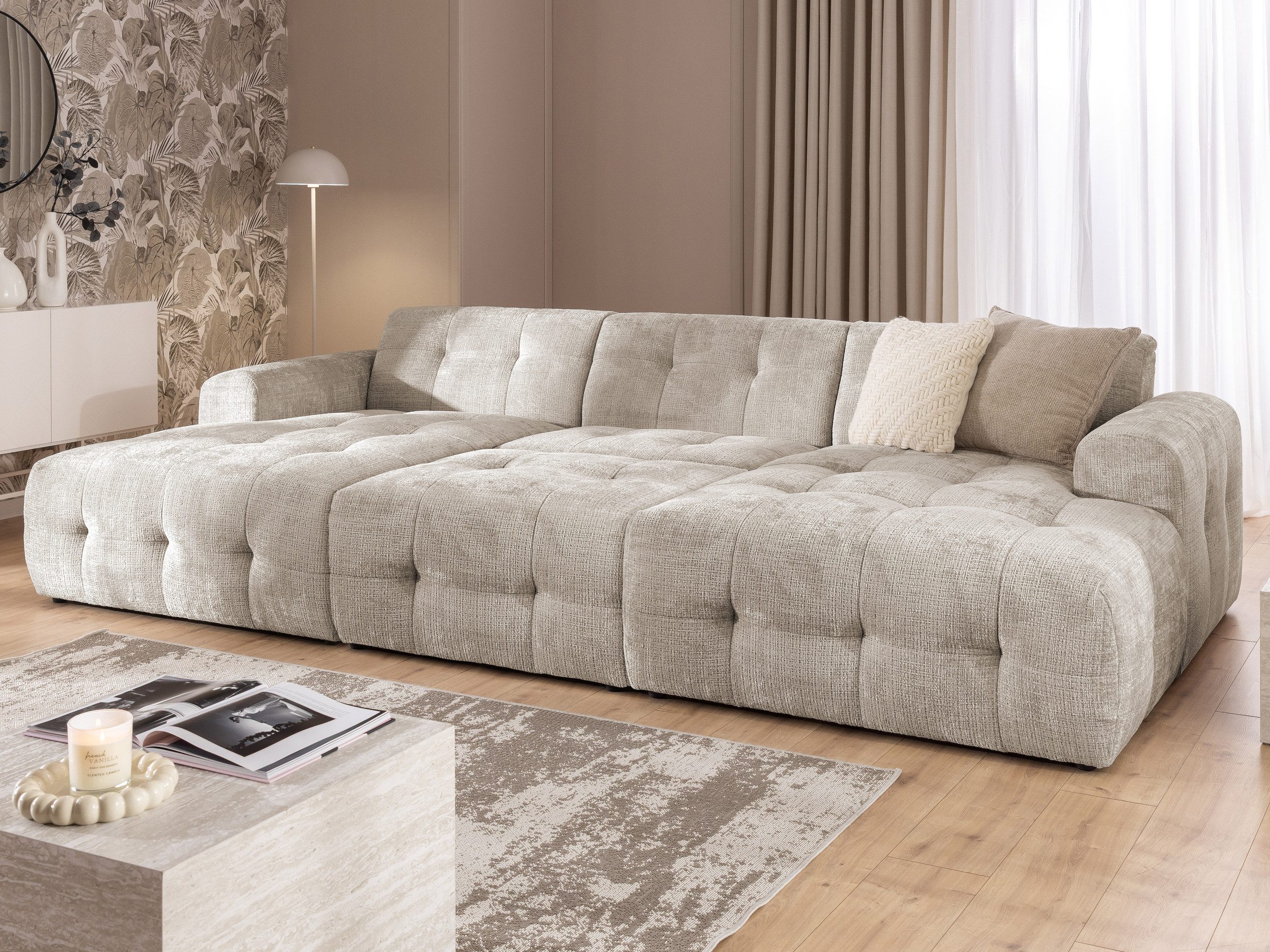 S-Style Möbel Wohnlandschaft und Hocker Kozy Bumpy-Design mit Schlaffunktion & fester Rückenlehne, aus weichem Chenille-Stoff, mit Wellenfederung