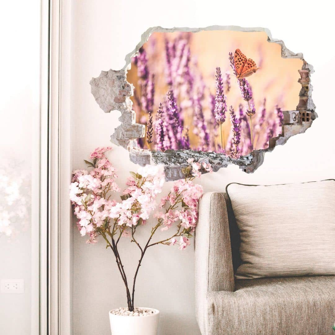 K&L Wall Art Wandtattoo 3D Colombo Natur Fotografie Schmetterling lila Lavendel modern, Mauerdurchbruch Wandbild selbstklebend