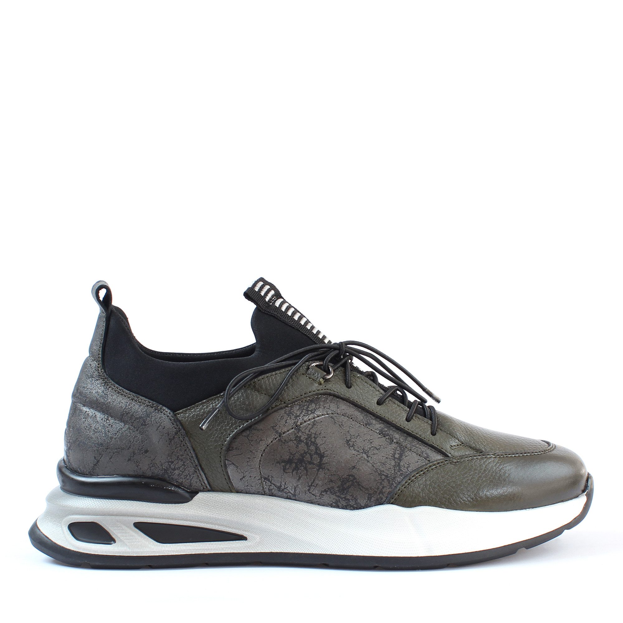 Celal Gültekin Leder-Sneaker Elastische Schnürung Plateau Casual Sportlich Herren Sneaker Glattleder, Plateau-EVA-Sohle, Elastische Schnürung, Khaki, 40
