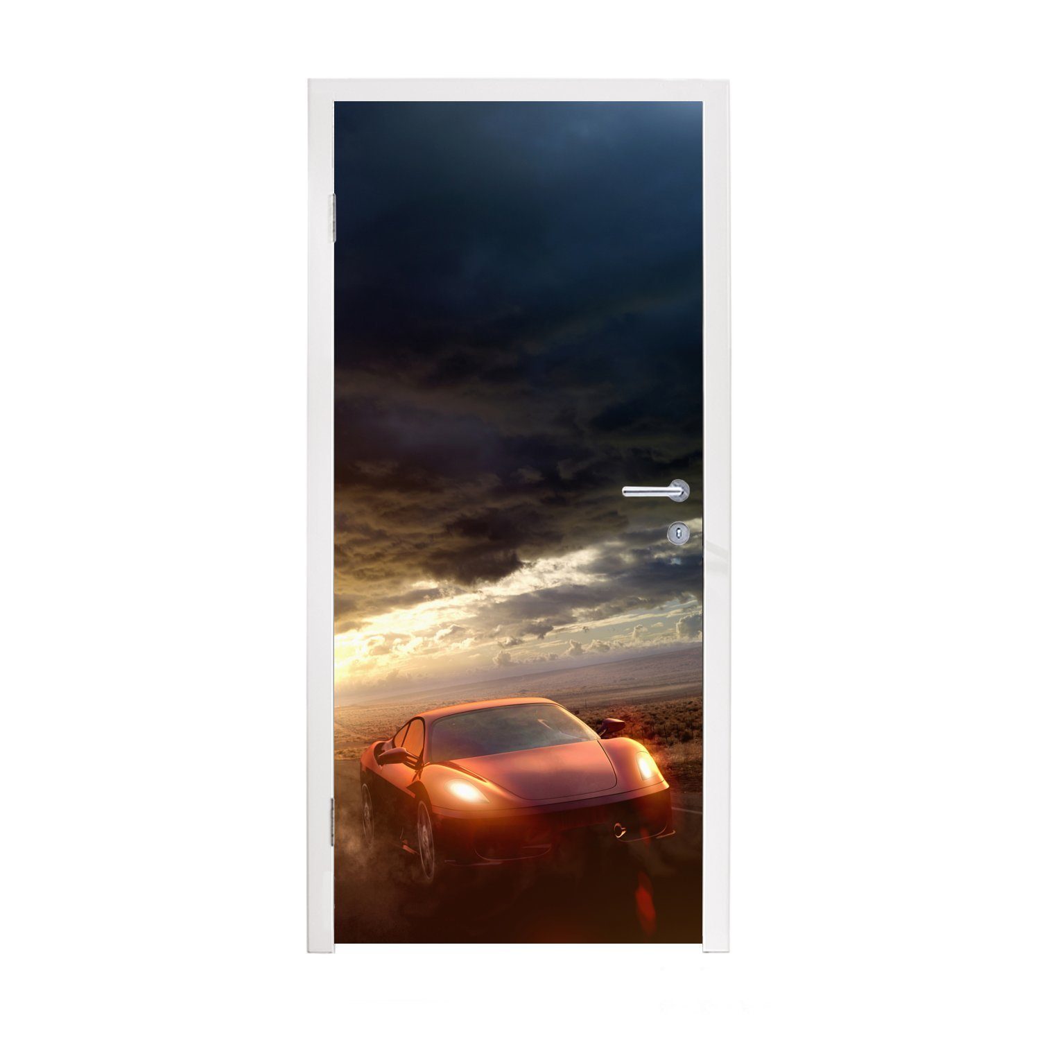 MuchoWow Türtapete Luxussportwagen fährt unter dunklen Wolken, Matt, bedruckt, (1 St), Fototapete für Tür, Türaufkleber, 75x205 cm