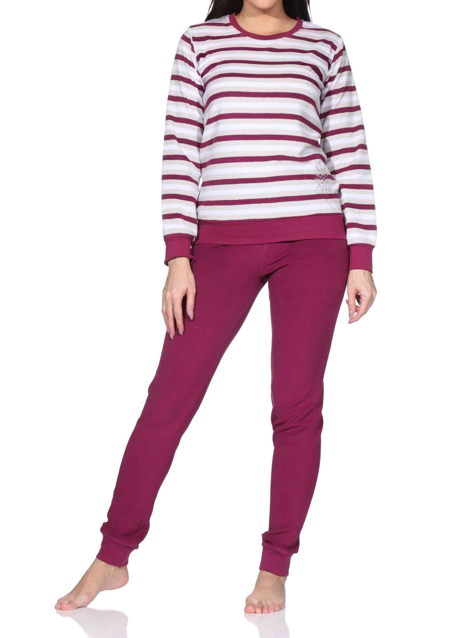 Normann Pyjama Damen Frottee Schlafanzug Pyjama in Ringel-Optik + Eiskristall-Motiv
