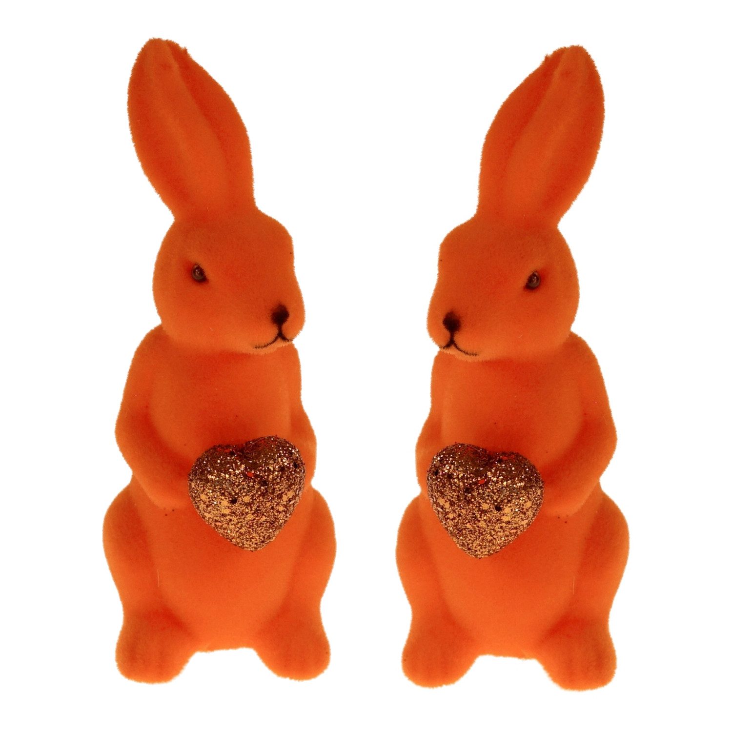 Macosa Home Osterhase 2er Set beflockt Lila, Magenta, Orange od. Grün 13 cm Kunststoff (Glitzerherz, Figur Dekohase Dekofigur Ostern Dekoration Tischdeko), Dekohase Glitzer Herz Hase Skulptur Oster-Deko Osterdekoration