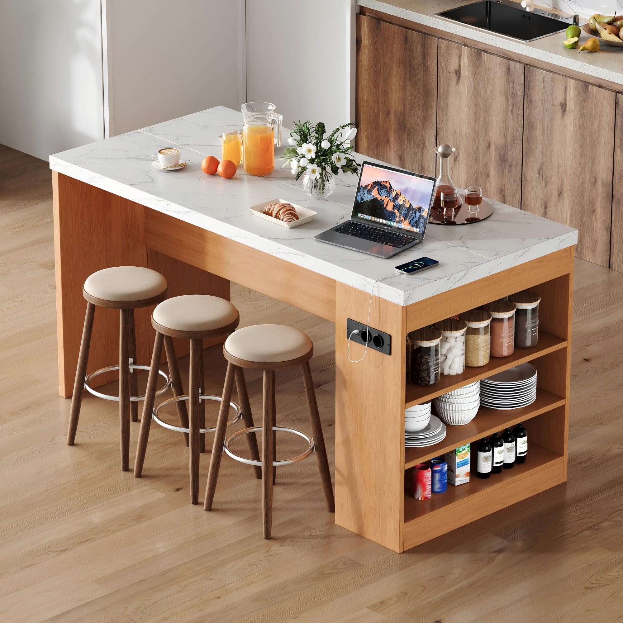 Flieks Kücheninsel mit Arbeitsplatte, LED-Beleuchtung, Steckdose,3 offenen Seitenablagen, (155x80x90 cm, Mehrzweckschrank mit 2xAC+2xUSB), multifunktional Küchenschrank mit Ladenfunktion, Marmoroptik & Natur