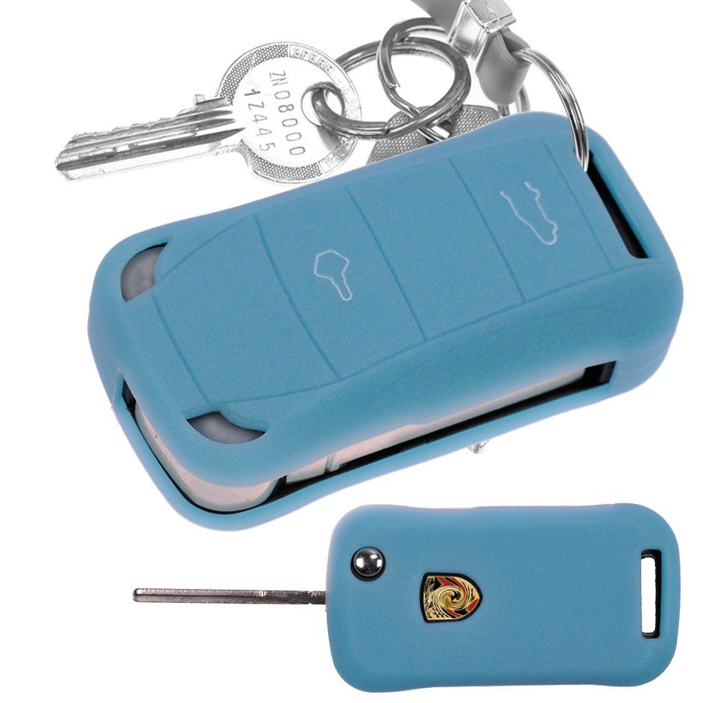 mt-key Schlüsseltasche Autoschlüssel Softcase Silikon Schutzhülle fluoreszierend Blau, für Porsche Cayenne 955 9PA 2002-2012 2 Tasten Klappschlüssel