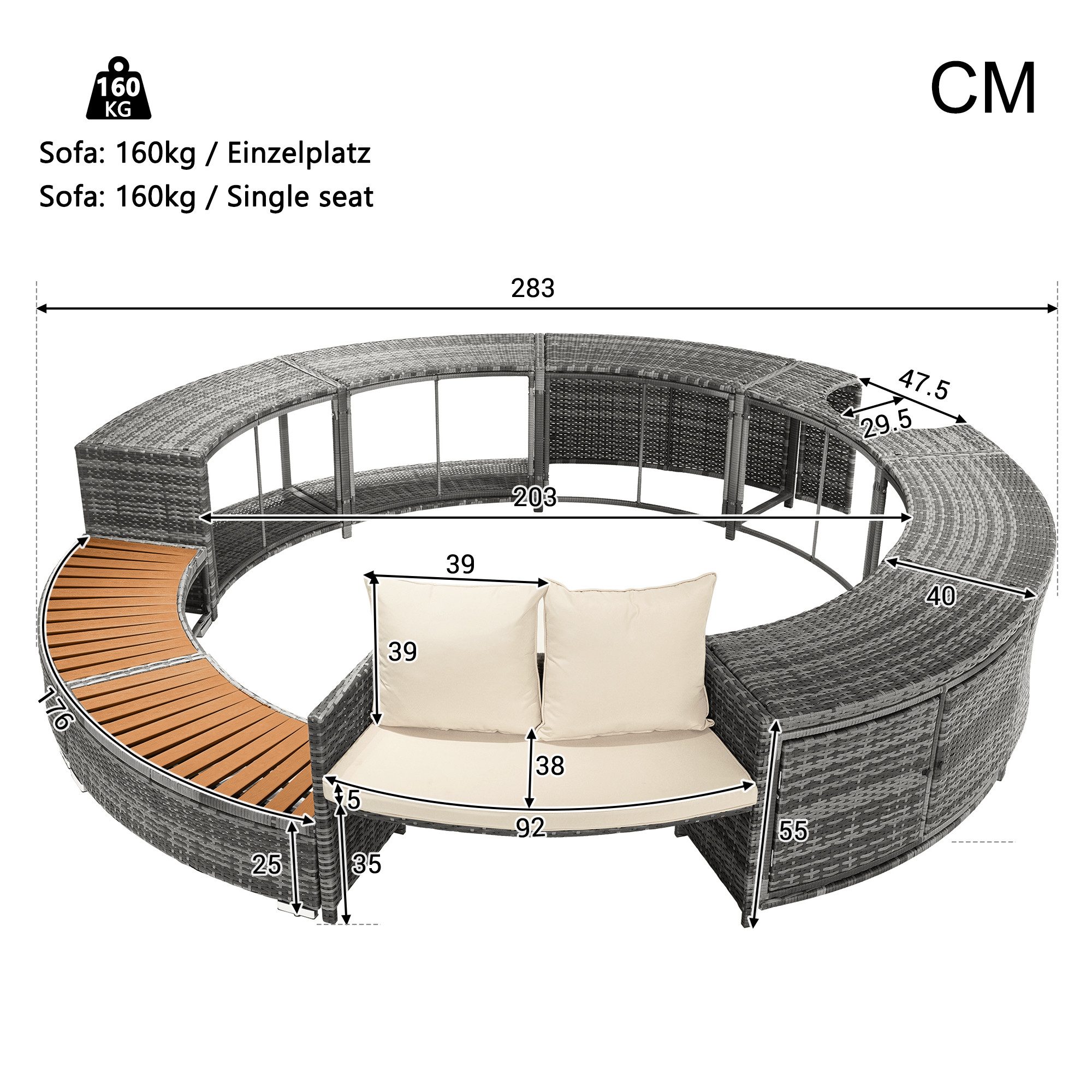 TavilaEcon Gartenlounge-Set mit runder Couch, für Whirlpool und Pool, mit verstellbaren Füßen, inklusive Kissen