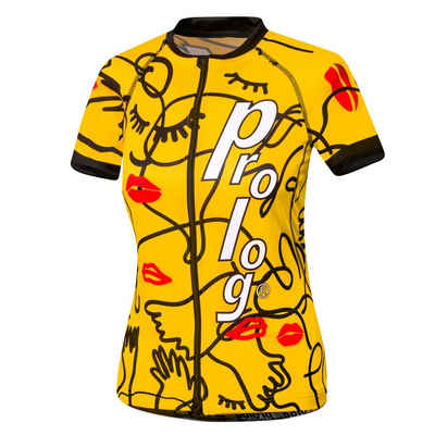 prolog cycling wear Radtrikot Fahrradtrikot Damen kurzarm „Prolog faces gelb“, Rennradtrikot eng geschnitten, mit kurzen, enganliegenden Ärmeln Slim fit