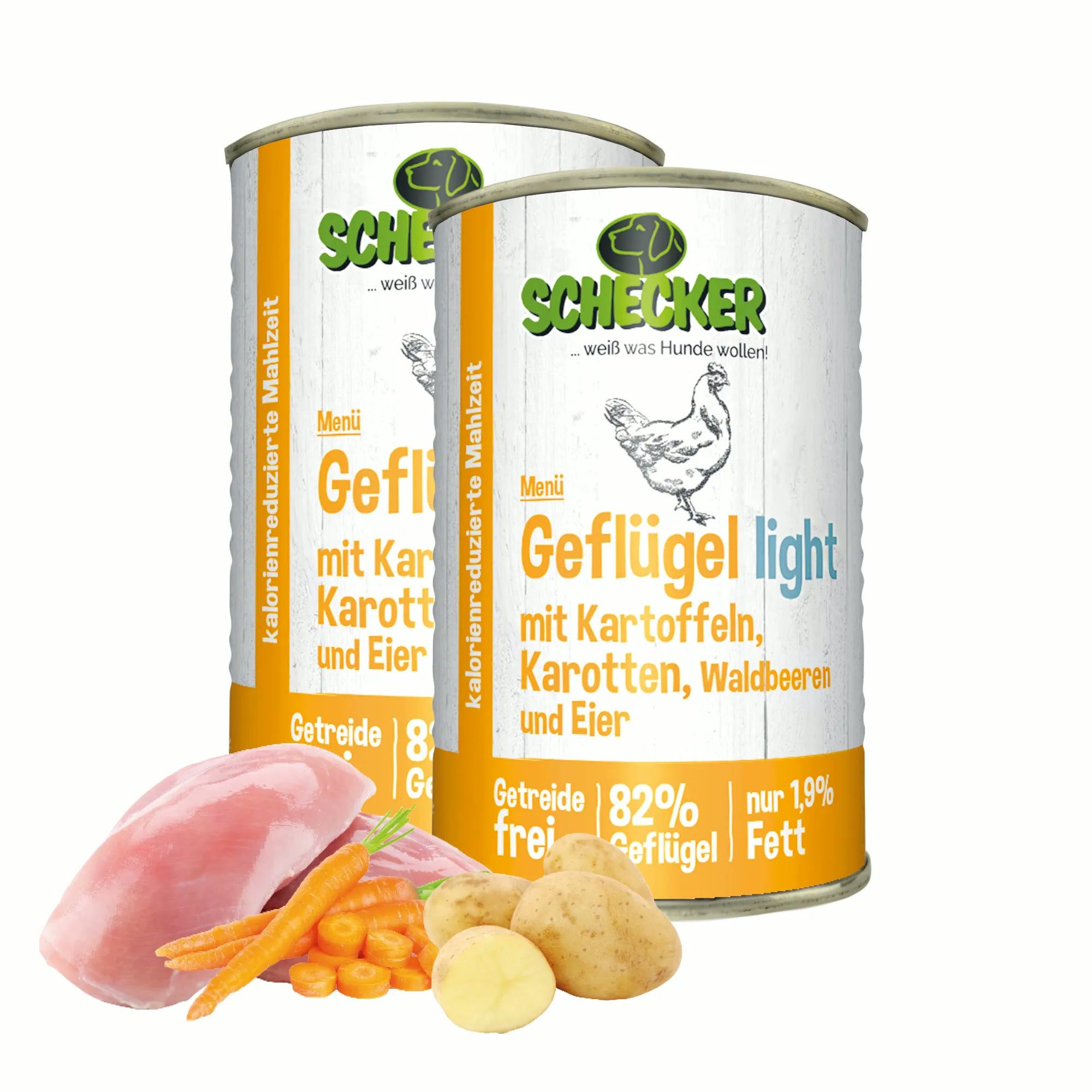 Schecker Geflügel light mit Kartoffeln, Karotten, Beeren Huhn, 1St., ohne Farbstoffe, ohne Konservierungsstoffe