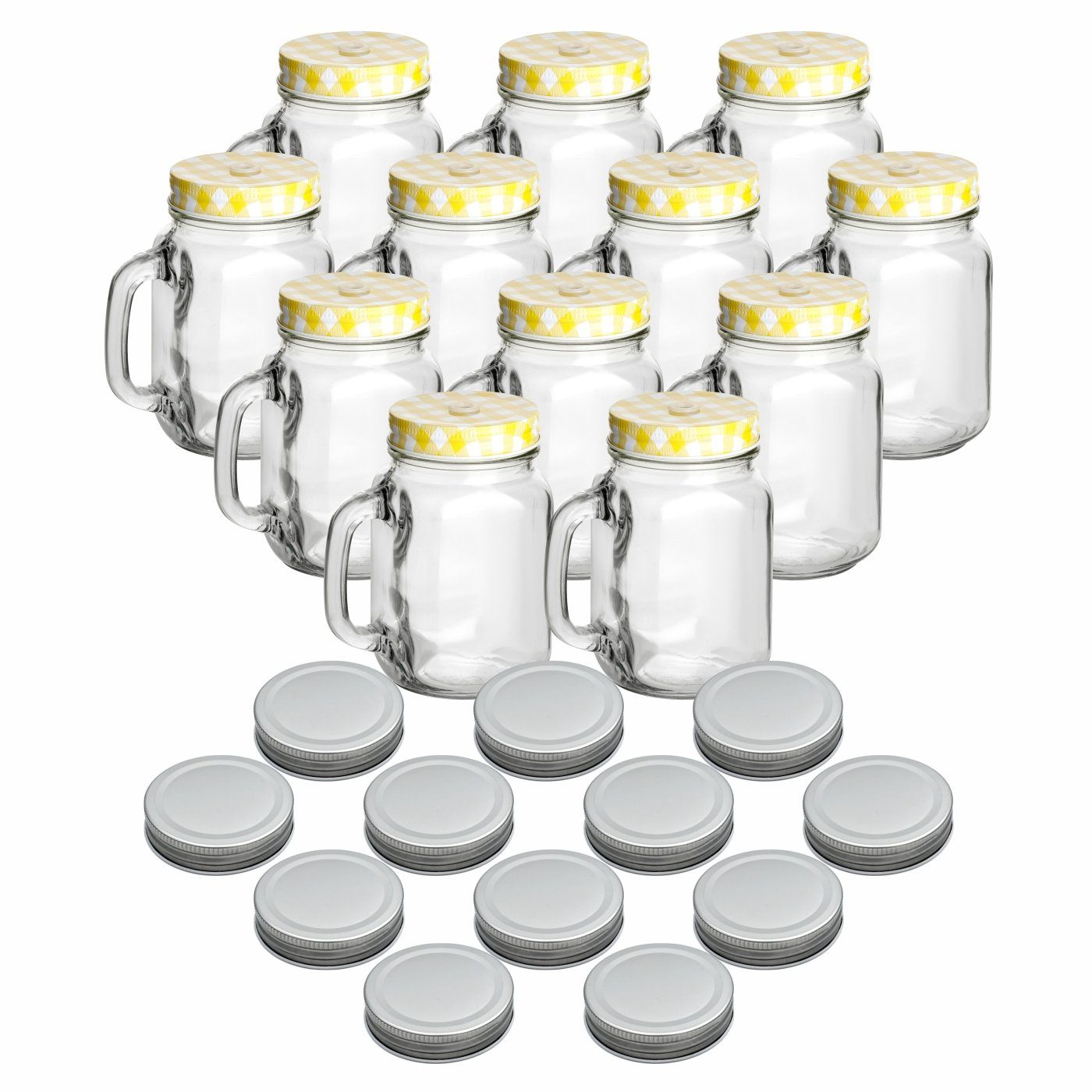 gouveo Gläser-Set Trinkgläser 110 ml mit Schraubdeckel - Kleines Trinkglas mit Henkel, 12-tlg., 12er Set, gelb/silber