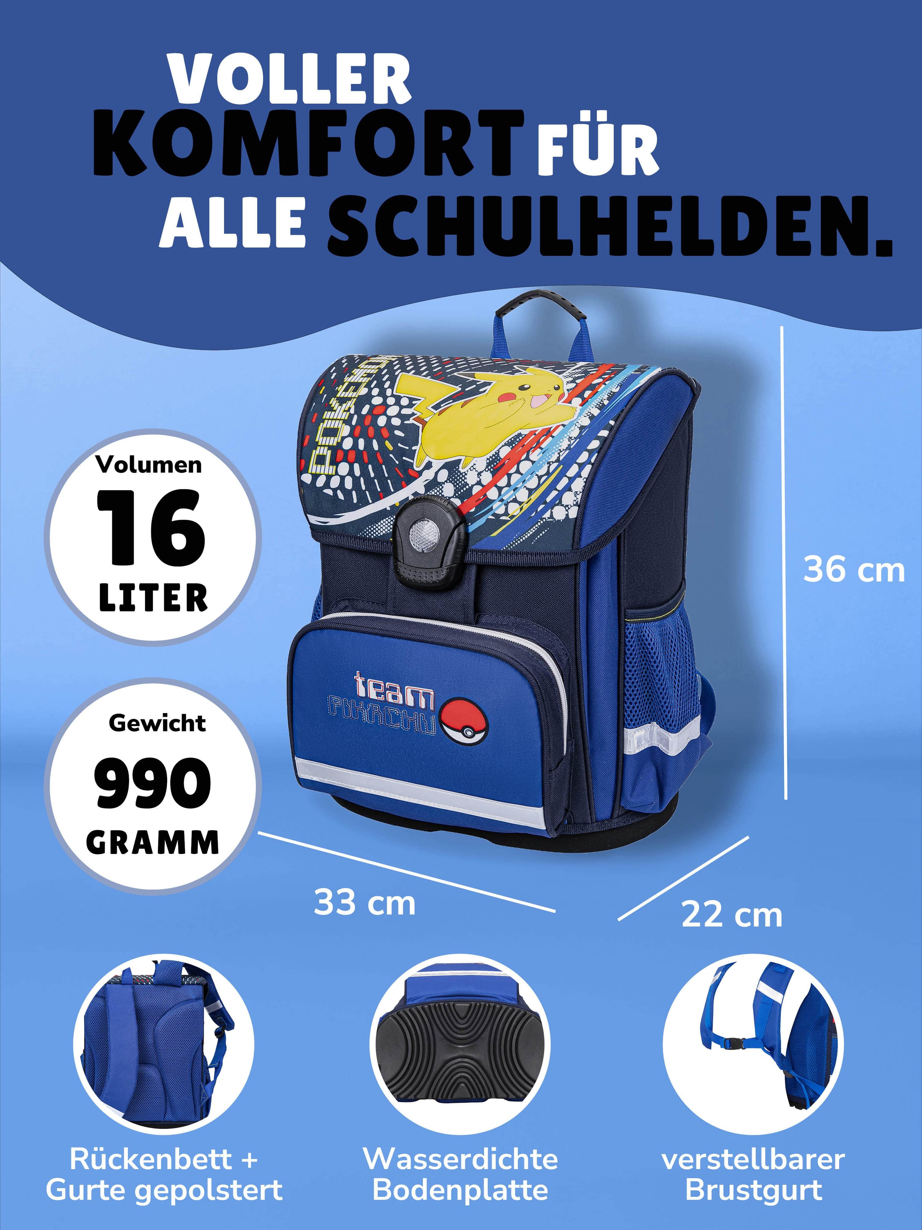 Familando Schulranzen Pokemon Blau mit Pikachu für 1. bis 4. Klasse, Ergonomisch & Leicht (Set, 9-tlg., mit Dose Flasche und Regenschutz), mit Dose, Falsche und großer Sporttasche
