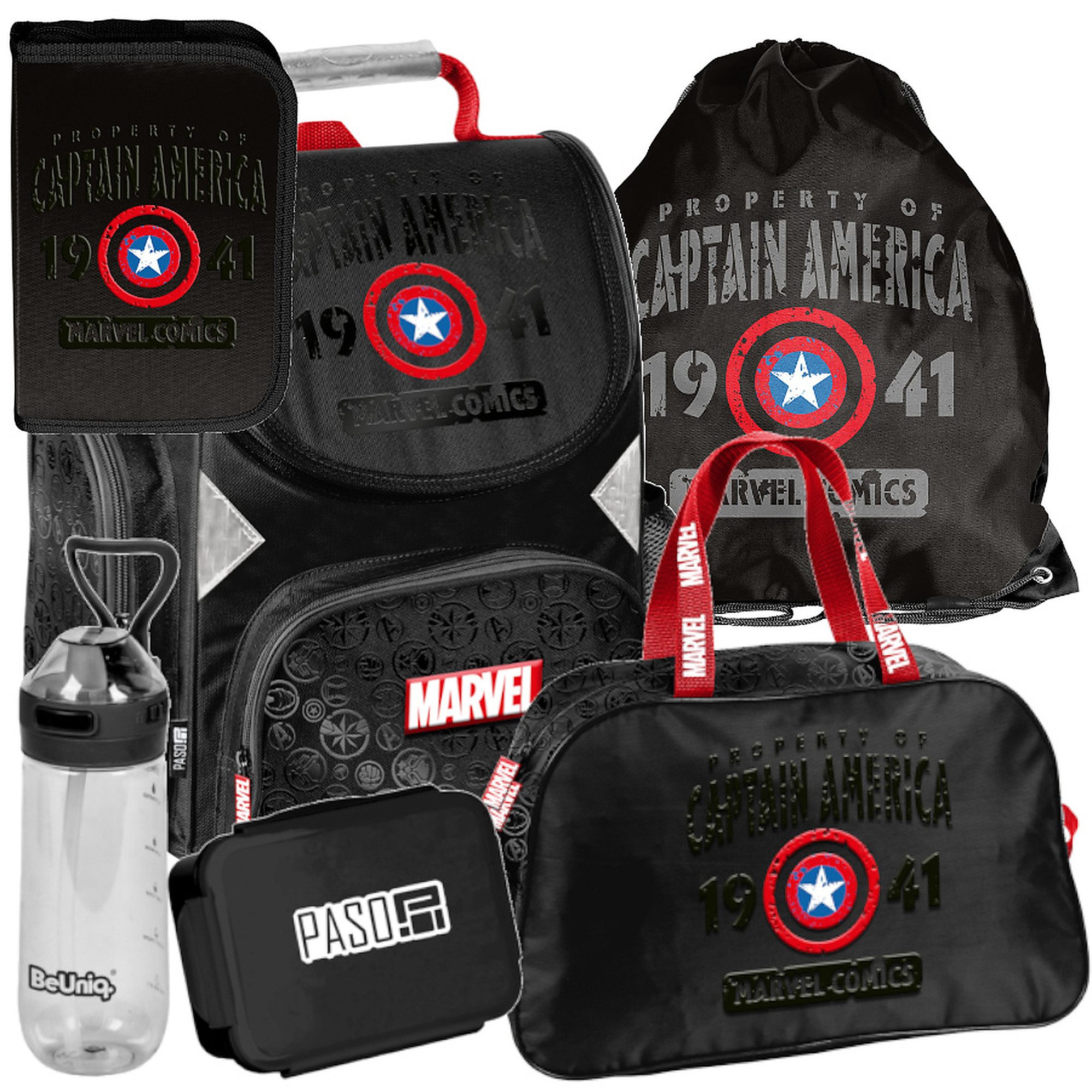 PASO Schulrucksack Mega-Set Marvel Captain America Schulset 6-tlg (Rucksack + Turnbeutel + Federmäppchen + Lunchbox + Trinkflasche + Sporttasche, 6-tlg)