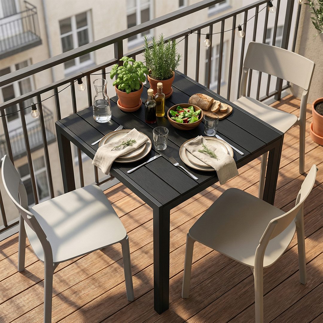 STEELSØN Gartentisch Alaris mit Tischplatte aus Kunstholz (für 4 Personen, schwarz), aus Aluminium pulverbeschichtet, wetterfest & UV-beständig