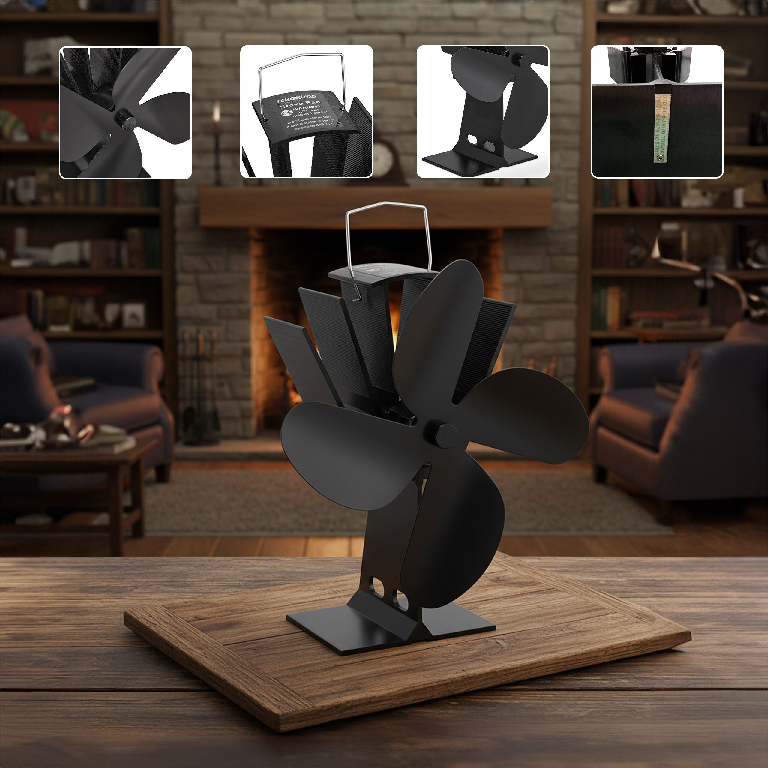 relaxdays Kaminventilator Ofenventilator ohne Strom schwarz