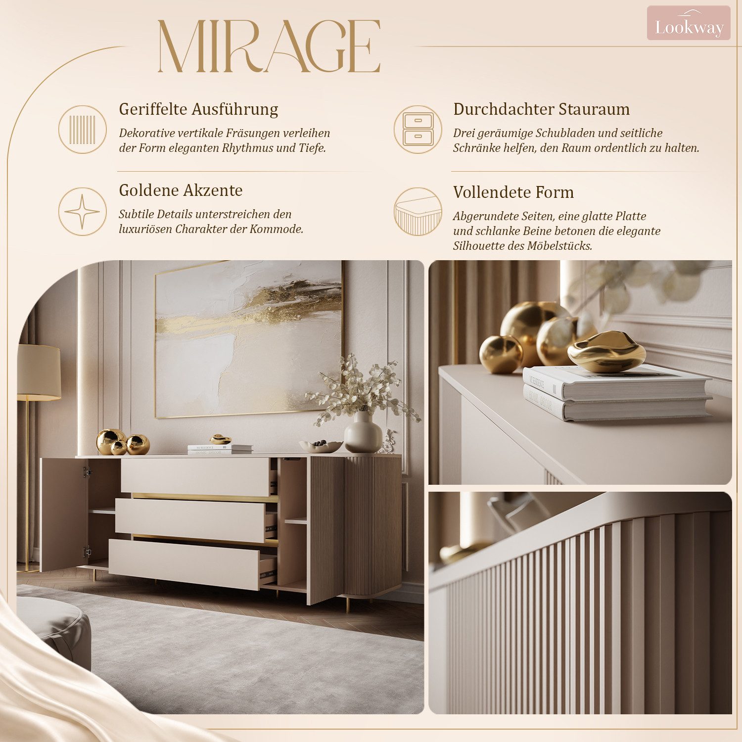 Lookway Kommode MIRAGE GOLD 2D3S mit gerillten Seiten und goldenen Details