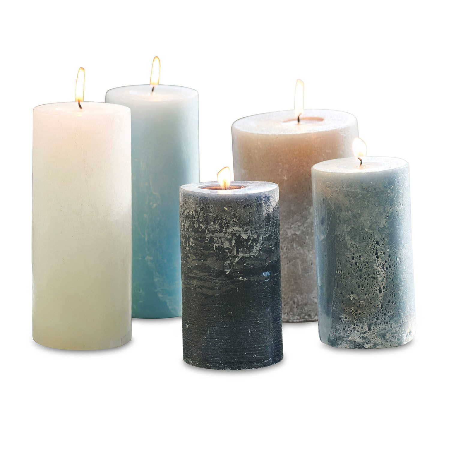 Mirabeau Stumpenkerze Kerze 5er Set Panagra blau/grau (5er Set, 5er Set), Hochzeitsdeko, Durchgefärbtes Wachs, Geruchslos, Lange Brenndauer