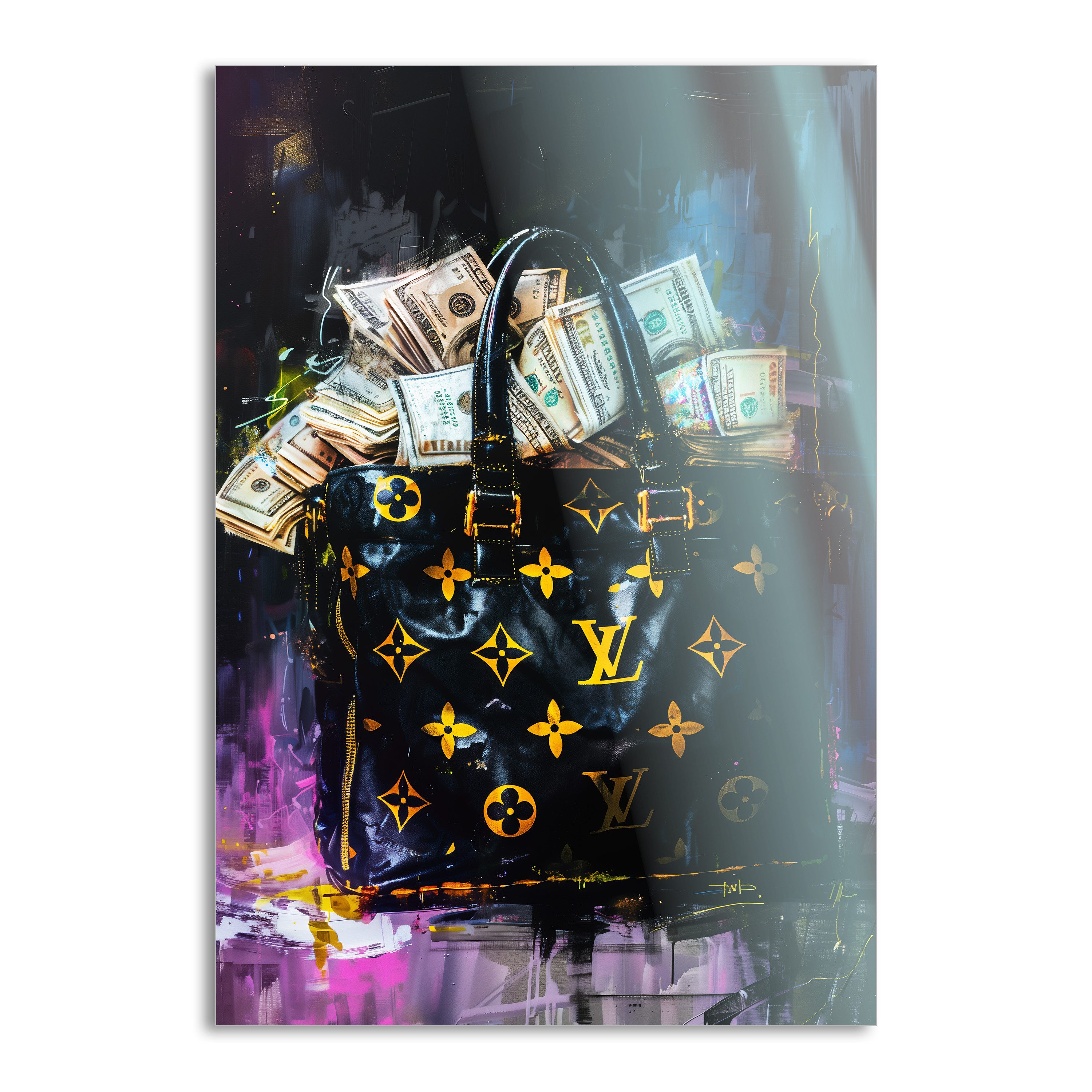SimpleCanvas Wandbild Money Stacks - Leinwandbild Pop Art / Luxuriös, Wandbild Street Art, Geld, Modern, Tasche