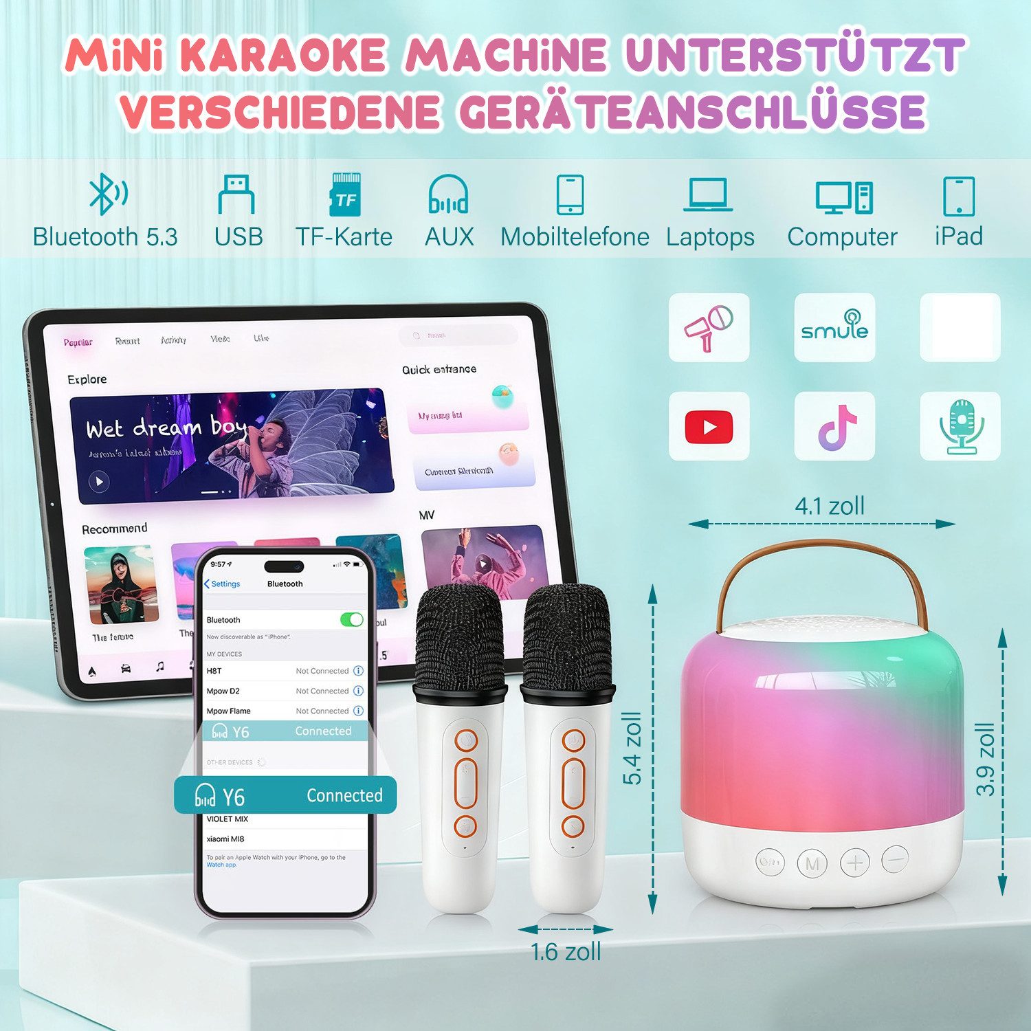 MOPUEA Mini Karaoke Maschine mit 2 Kabellosen Mikrofonen Karaoke-Anlage Bluetooth-Lautsprecher (5 W, mit LED Lichteffekt, USB-Ladung,Geburtstags- und Urlaubsges – Bild 4 von 5