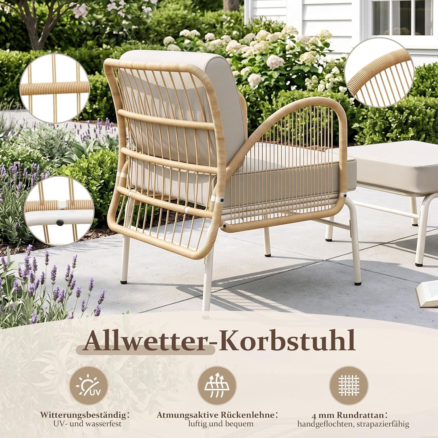 GOTLAND Sitzgruppe Rattan-Sitzgruppe für Terrasse & Garten, Outdoor-Loungesessel, (Set, 3-tlg), mit Hocker und rundem Couchtisch