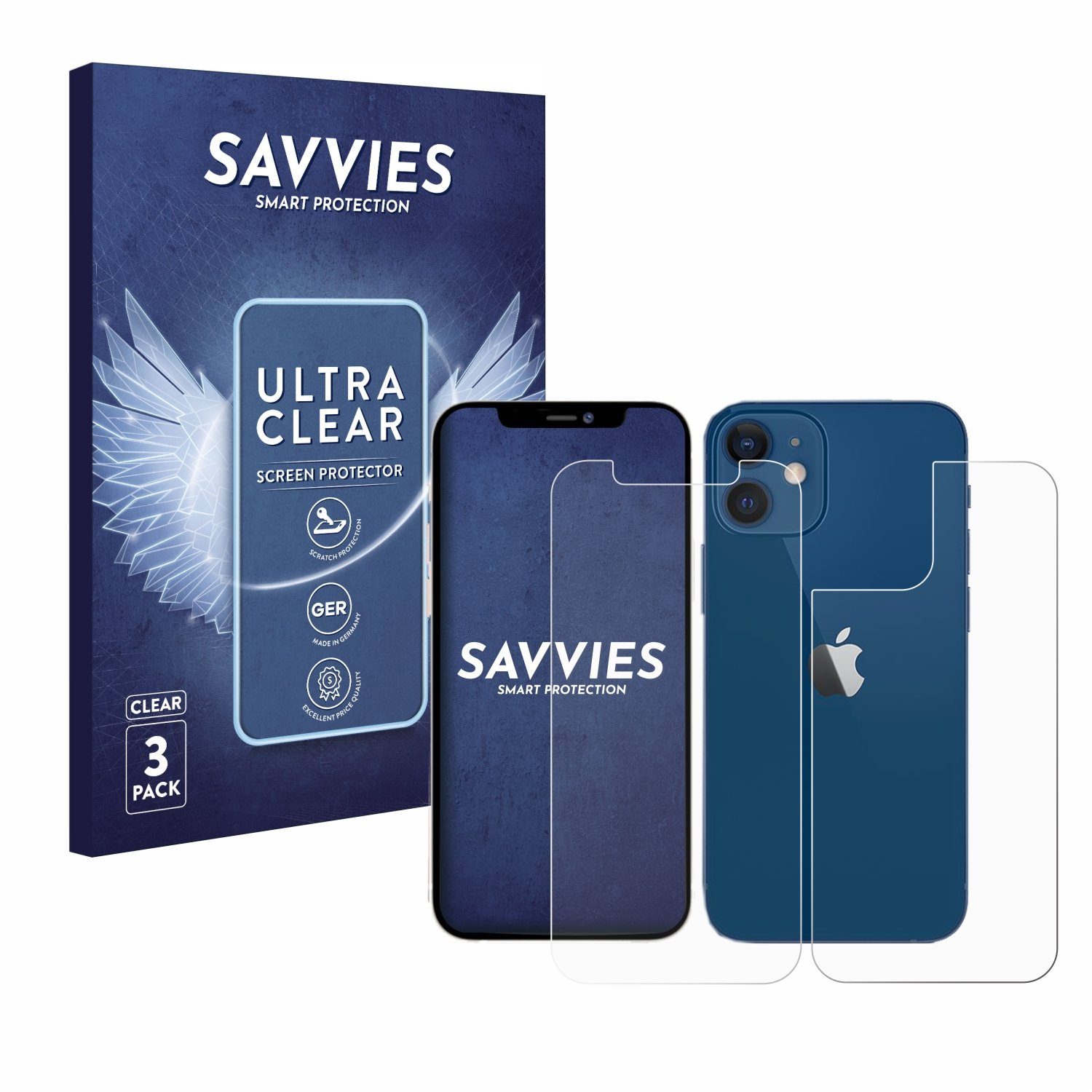 Savvies Displayschutzfolie Schutzfolie für Apple iPhone 12 (Display+Rückseite), 6 Stück, Displayschutz Schutz Folie Klar Transparent