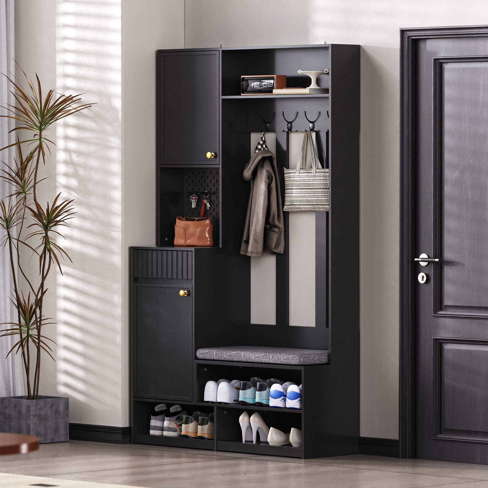 Flieks Garderoben-Set mit Schuhschrank, Sitzbank, 4 Haken, Pegboard, Türen & Schubladen, (1-St., 100×180×35 cm (B×H×T), Garderobenständer mit Schuhregal, Sitzfläche und Kleiderstange Schwarz